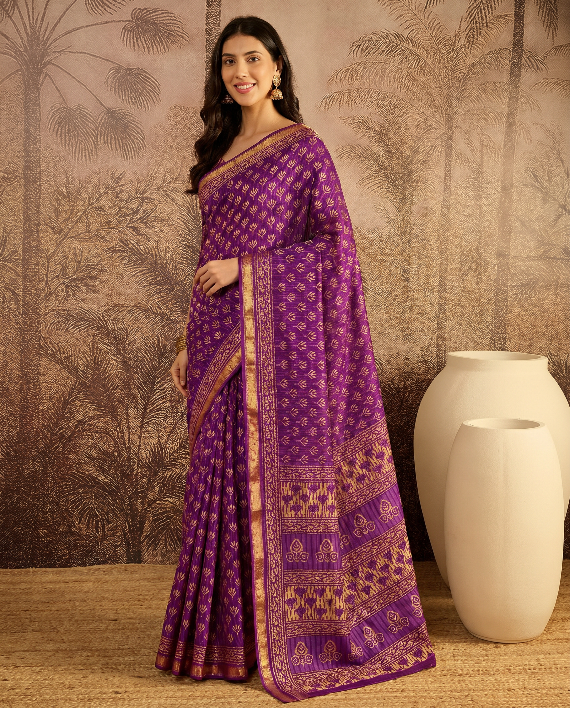 Royal Purple Ethnic Print Pure Cotton Saree with Golden Border - output 0 - 02 hero