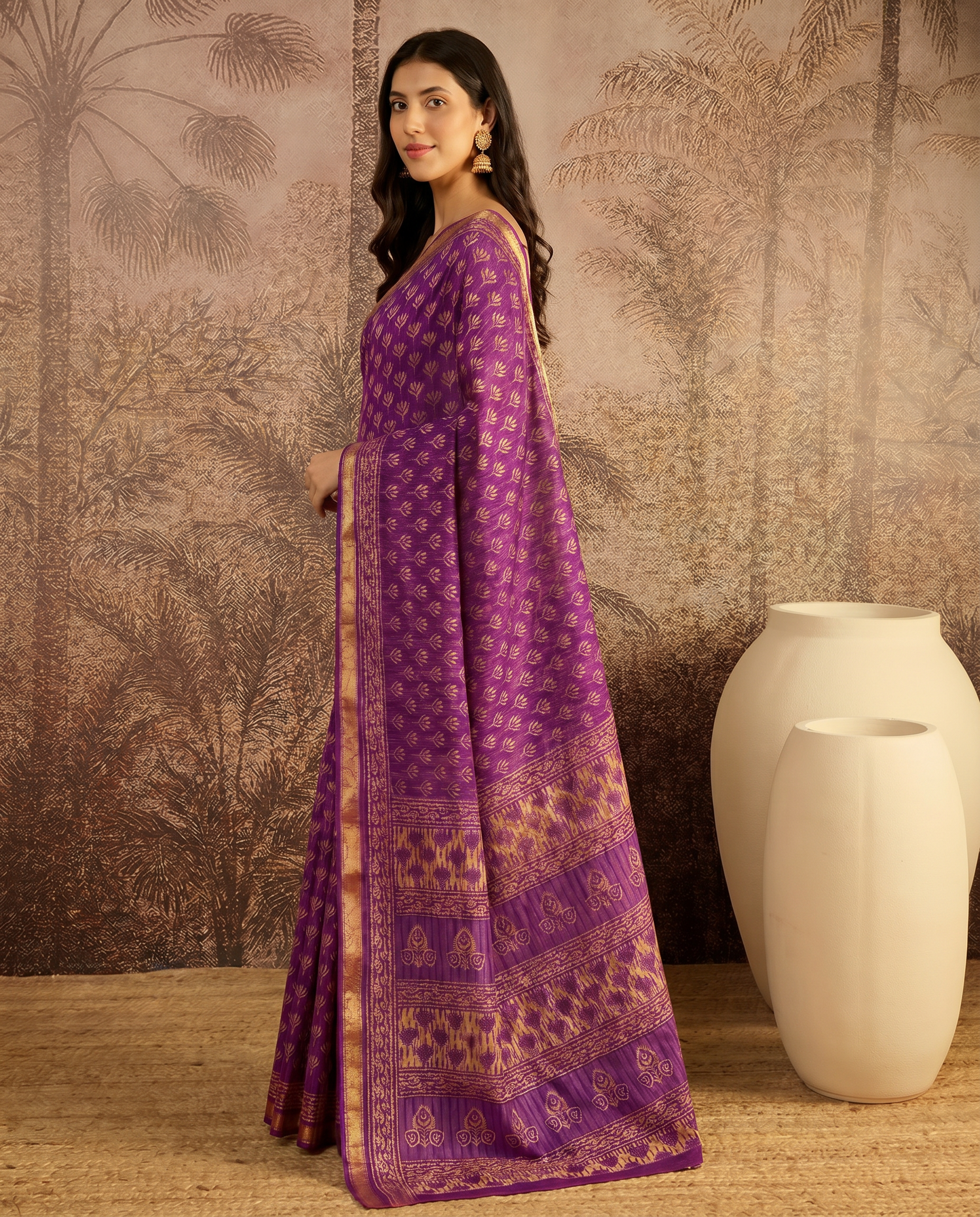 Royal Purple Ethnic Print Pure Cotton Saree with Golden Border - output 0 - 03 side