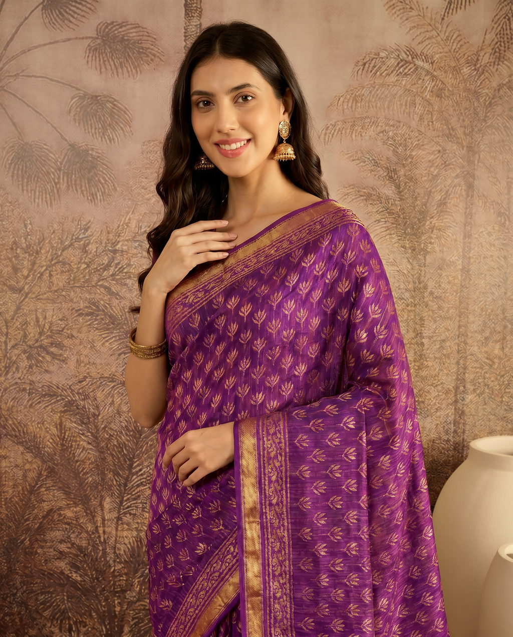 Royal Purple Ethnic Print Pure Cotton Saree with Golden Border - output 0 - 04 upper closeup
