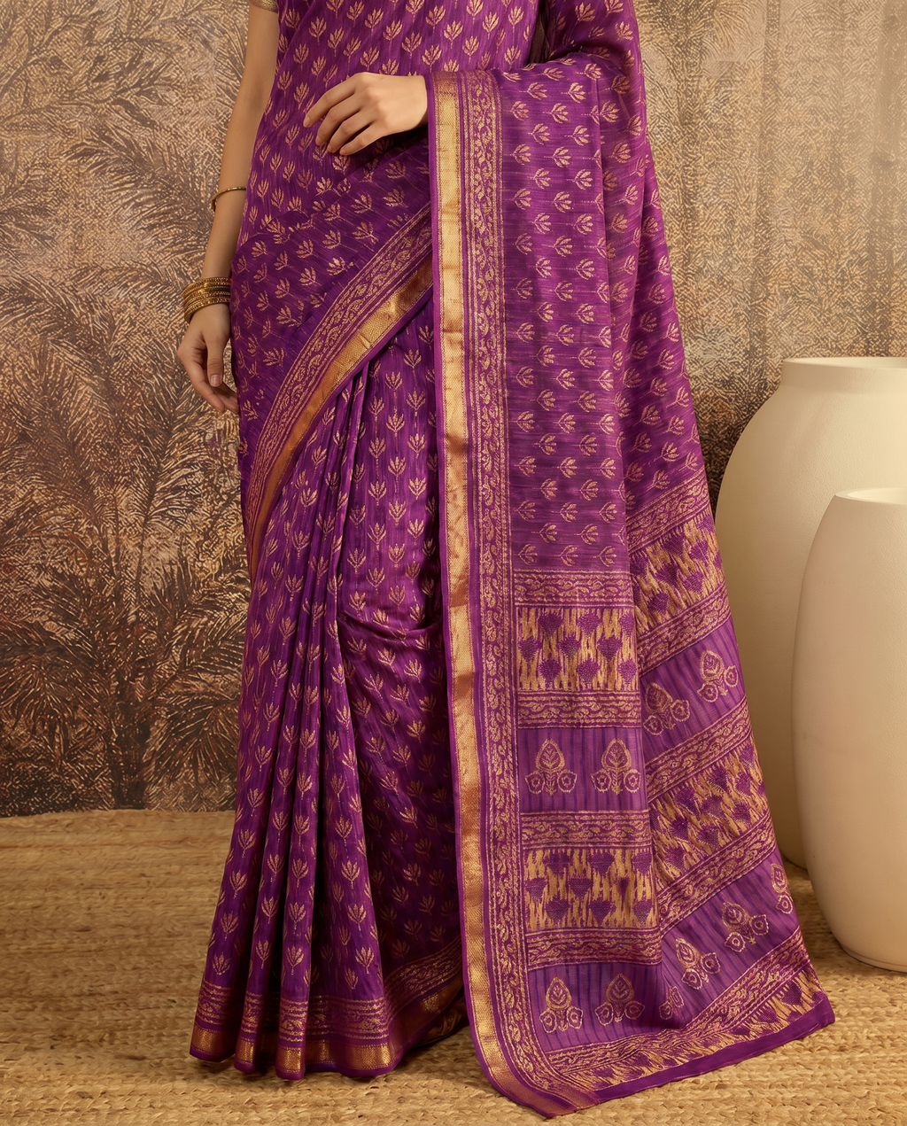 Royal Purple Ethnic Print Pure Cotton Saree with Golden Border - output 0 - 05 lower closeup