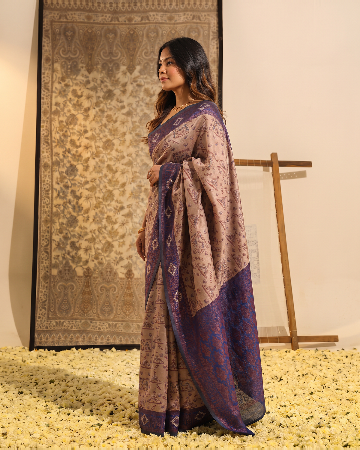 Royal Violet Bronze Silk Saree with Paisley Pallu - side drape