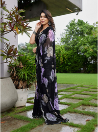 Elegant Black Floral Printed Georgette Saree with Designer Border – Party Wear & Casual Wear
