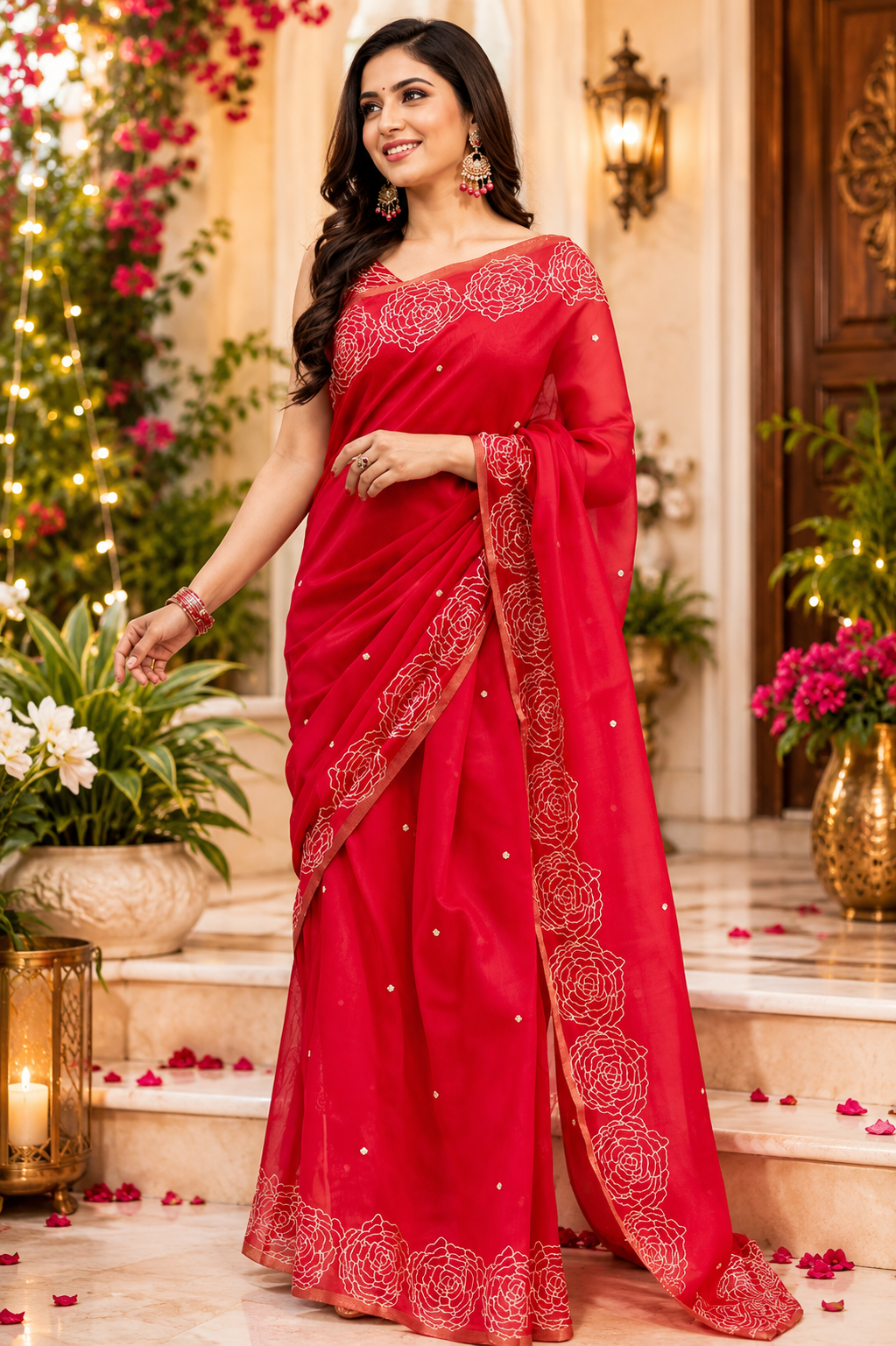 Ruby Red Chanderi Cotton Printed Ready To Wear Saree - full saree