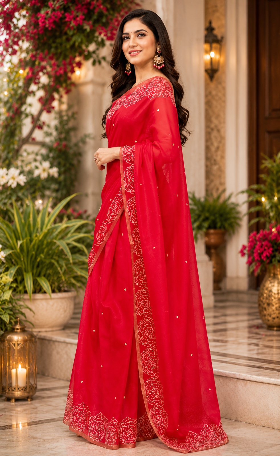 Ruby Red Chanderi Cotton Printed Ready To Wear Saree - image 2