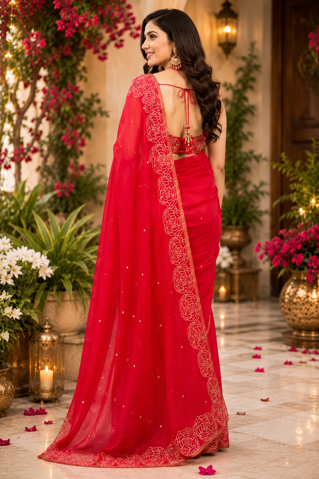 Ruby Red Chanderi Cotton Printed Ready To Wear Saree - image 3