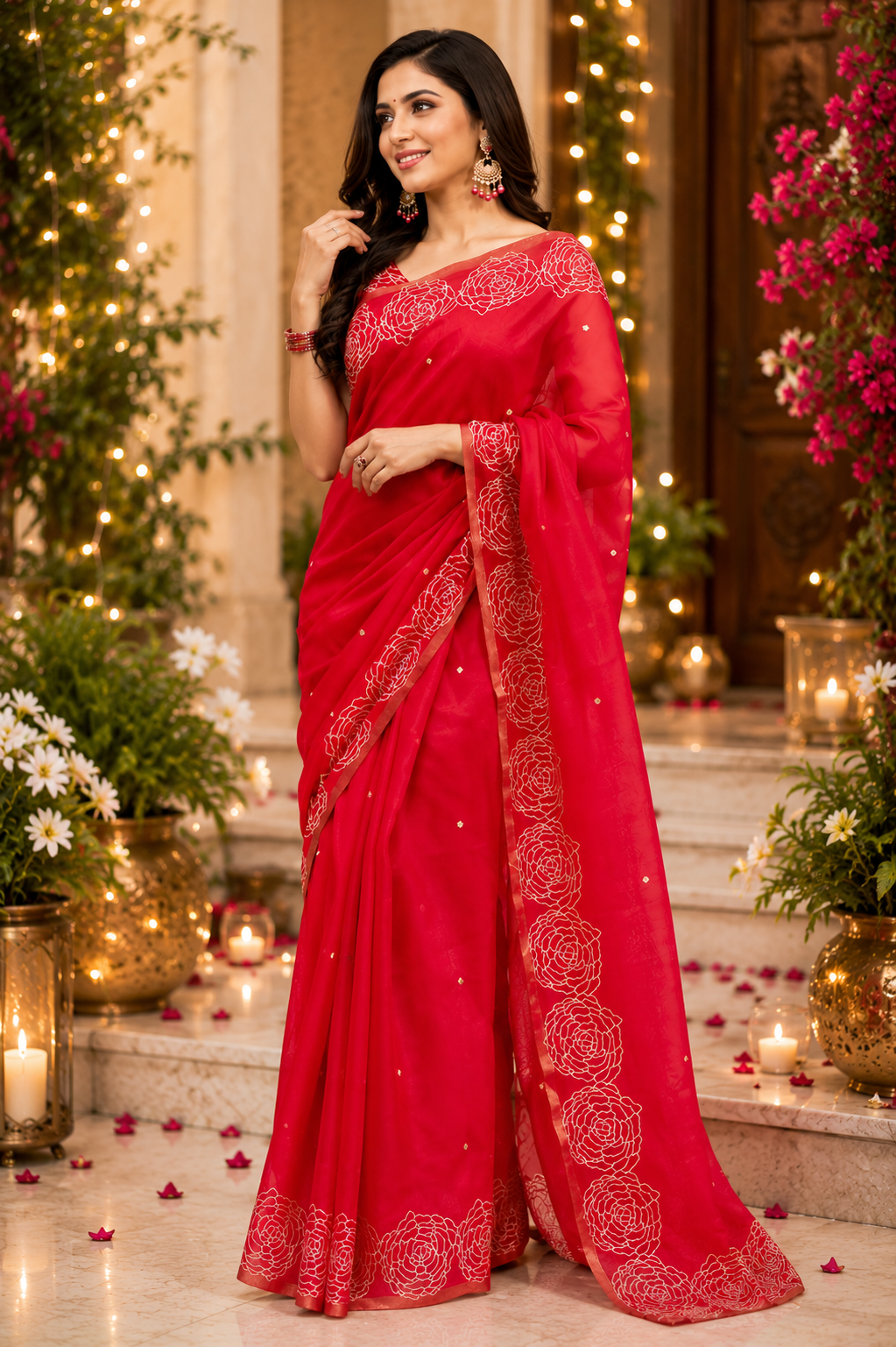 Ruby Red Chanderi Cotton Printed Ready To Wear Saree - image 4