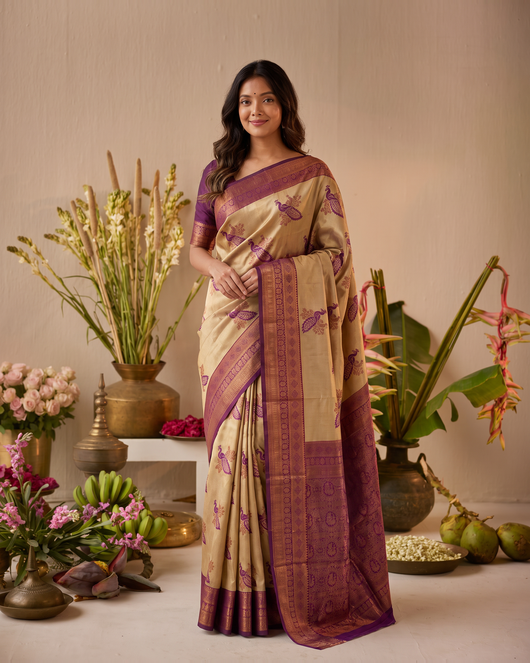 Ruhani Multi Shade Festive Saree with Woven Style Pallu - Beige Wine - full saree hero