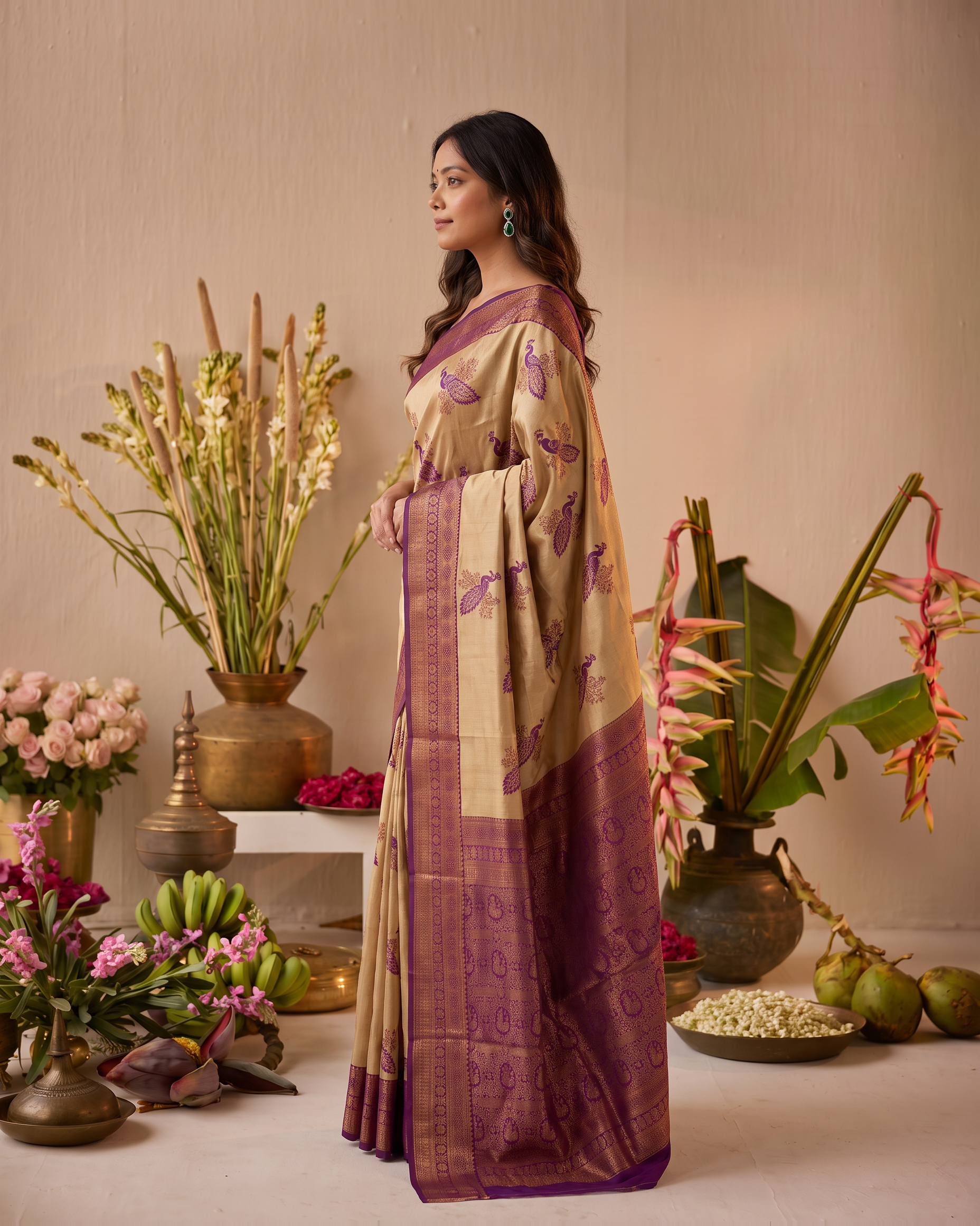 Ruhani Multi Shade Festive Saree with Woven Style Pallu - Beige Wine - side