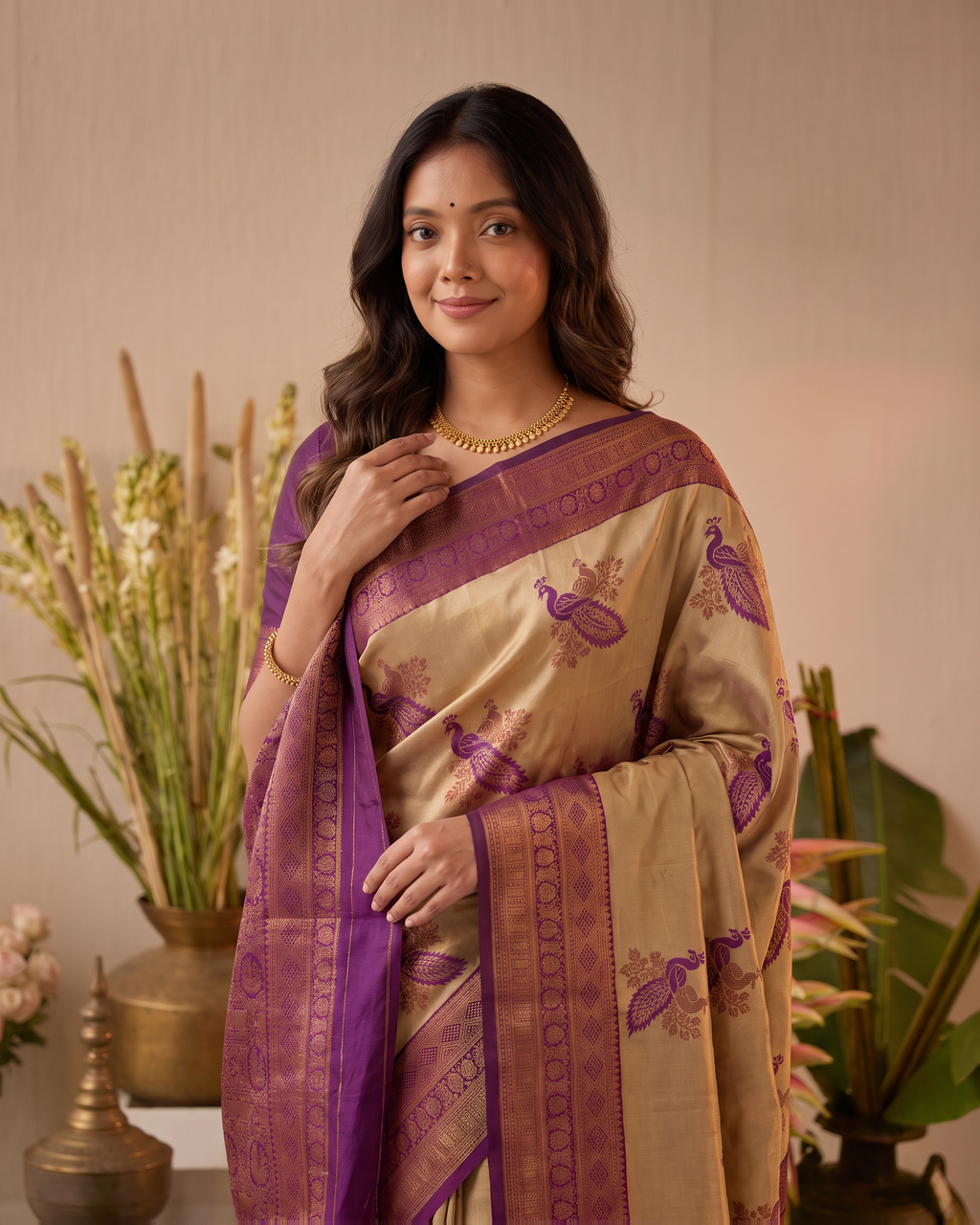 Ruhani Multi Shade Festive Saree with Woven Style Pallu - Beige Wine - upper closeup