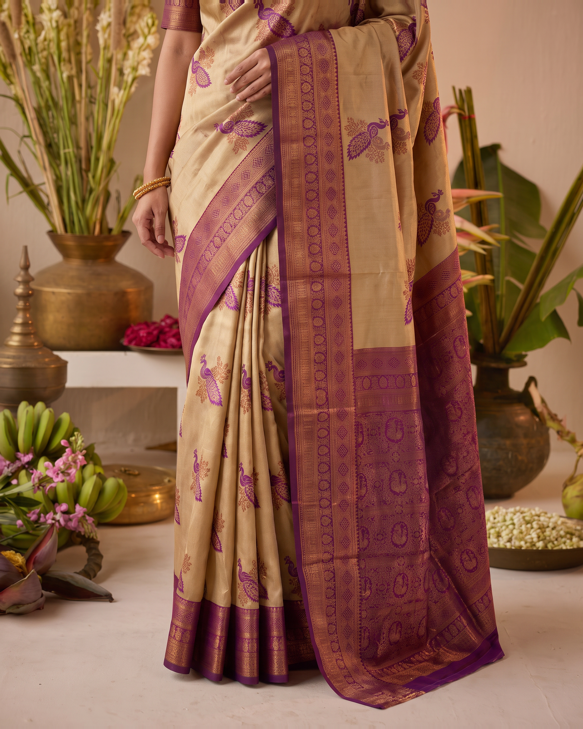 Ruhani Multi Shade Festive Saree with Woven Style Pallu - Beige Wine - lower closeup