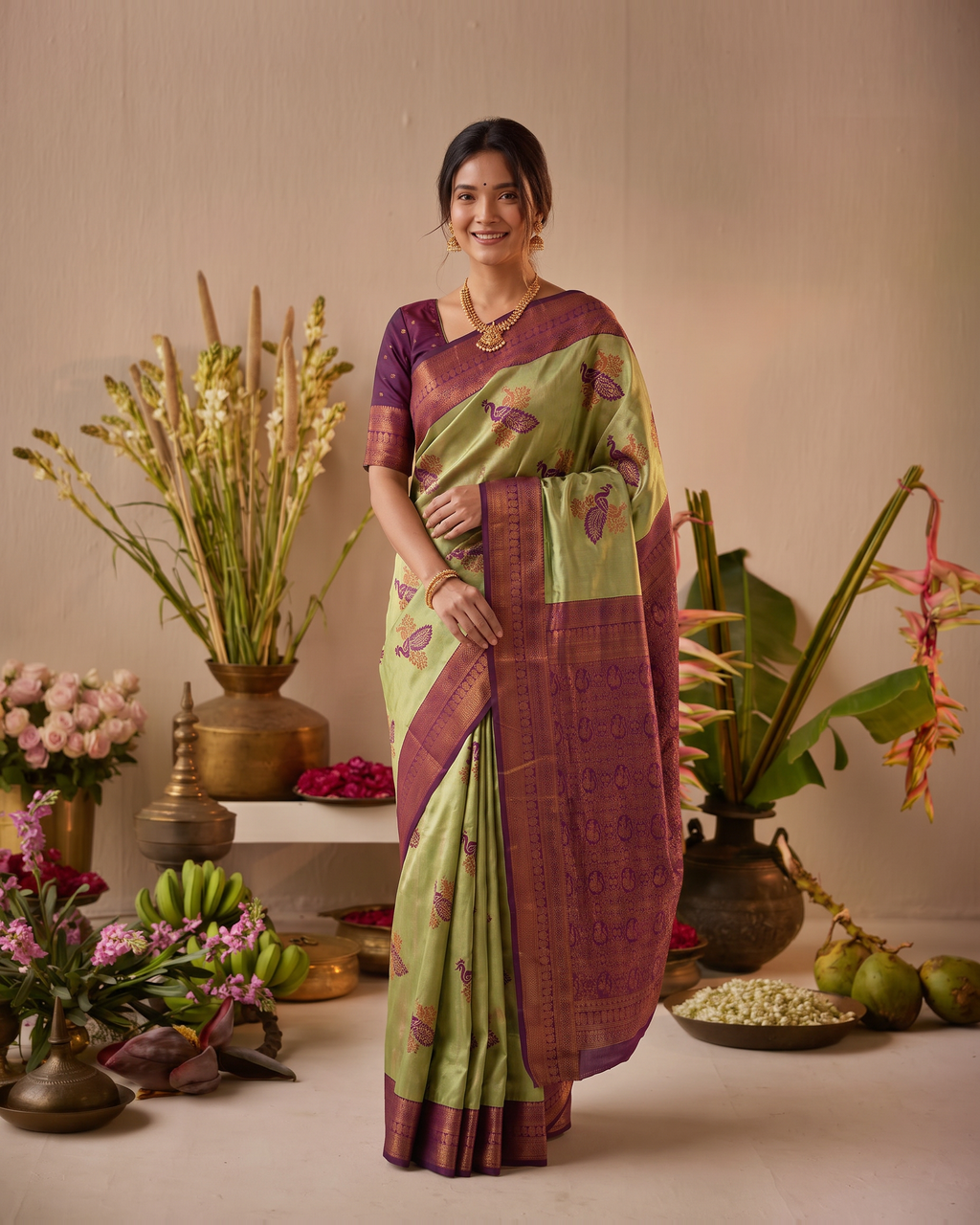 Ruhani Multi Shade Festive Saree with Woven Style Pallu - Green Wine - full saree hero
