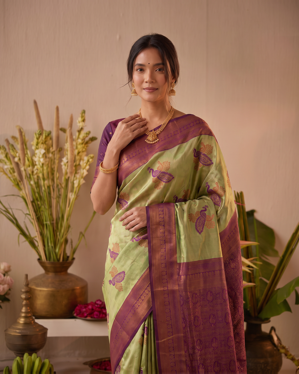 Ruhani Multi Shade Festive Saree with Woven Style Pallu - Green Wine - upper closeup