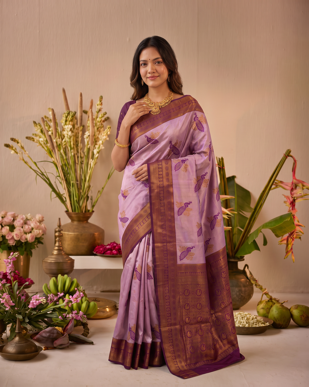 Ruhani Multi Shade Festive Saree with Woven Style Pallu - Lavender Wine - upper closeup