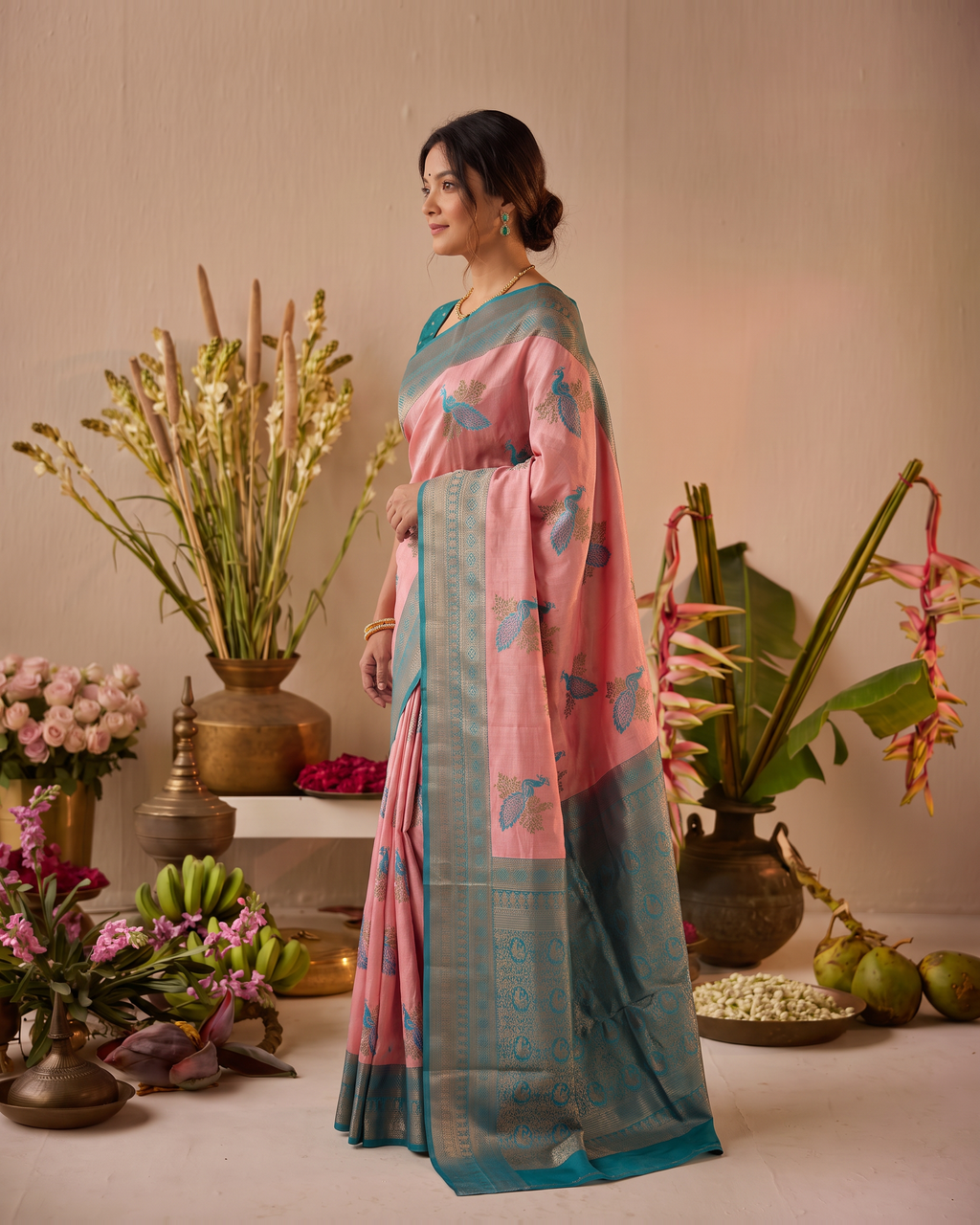 Ruhani Multi Shade Festive Saree with Woven Style Pallu - Pink Teal - side