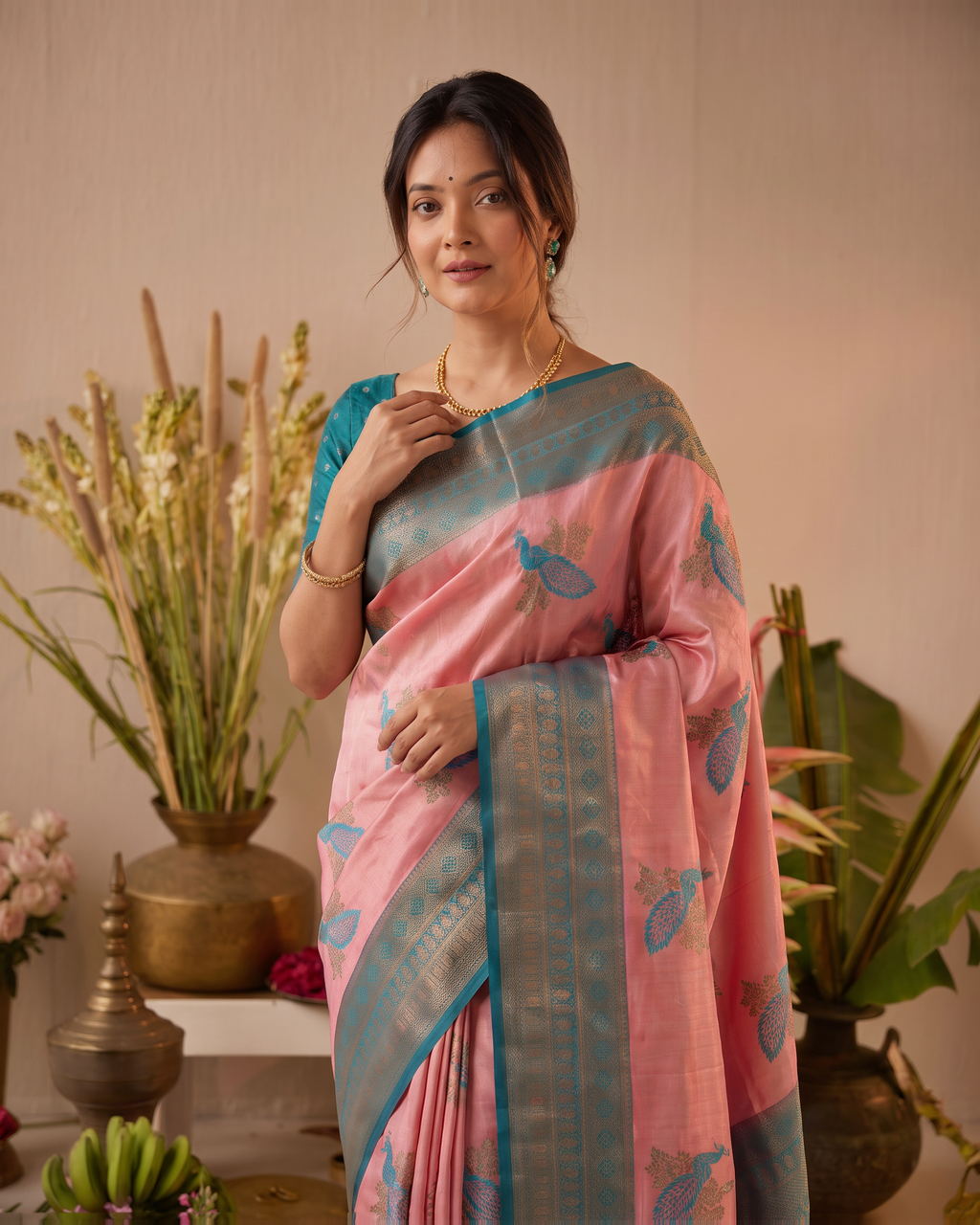 Ruhani Multi Shade Festive Saree with Woven Style Pallu - Pink Teal - upper closeup