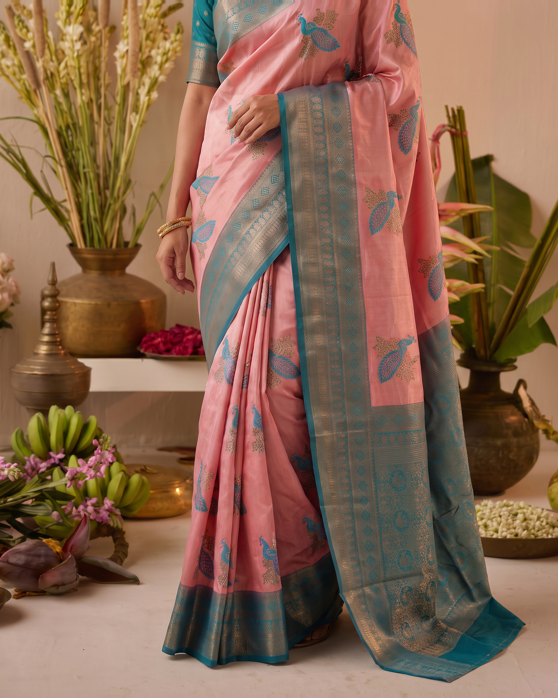 Ruhani Multi Shade Festive Saree with Woven Style Pallu - Pink Teal - lower closeup