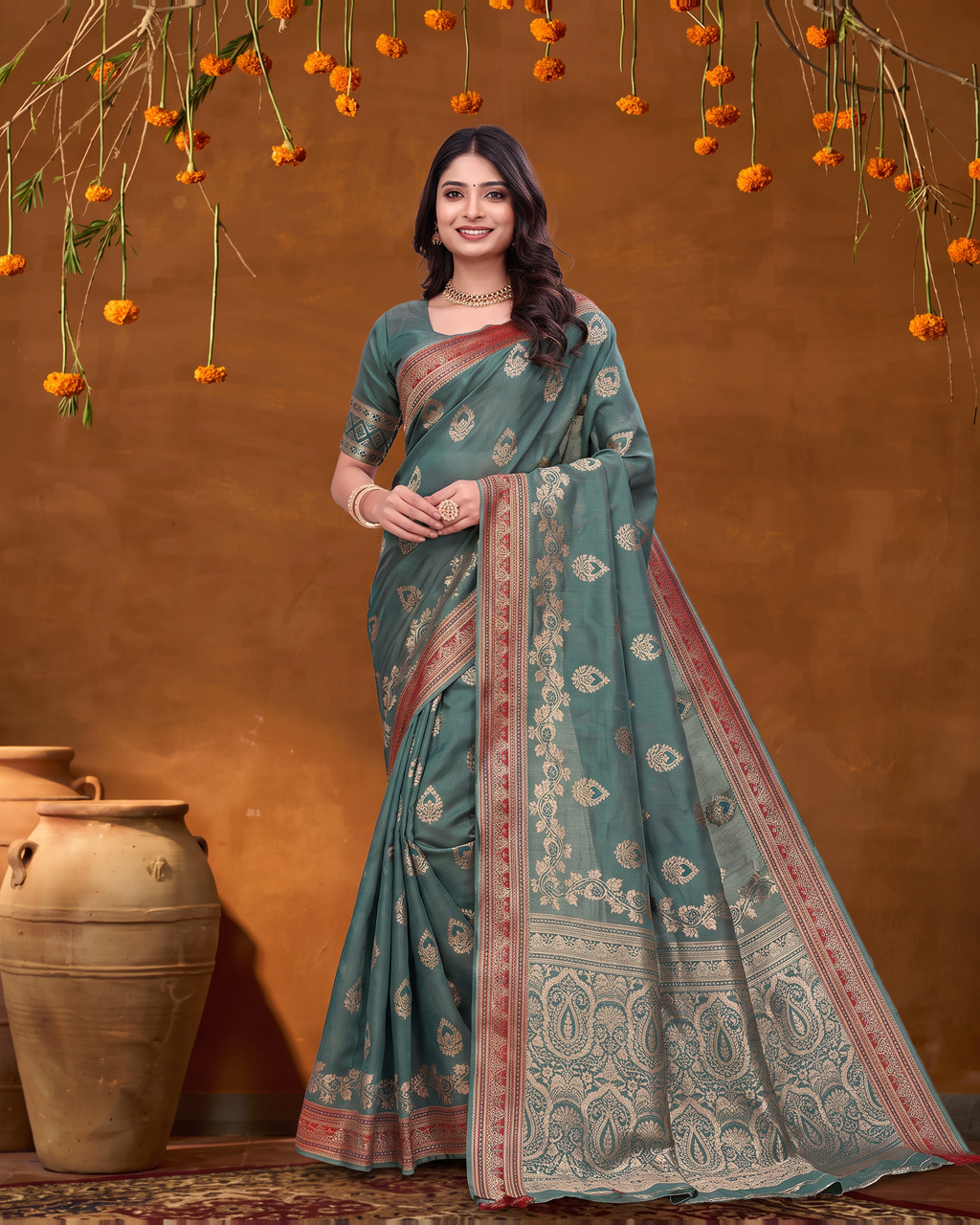 Rupali Leaf Butti Zari Silk Saree with Floral Pallu - Green - full saree hero