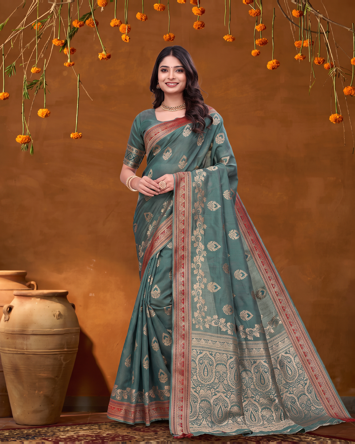 Rupali Leaf Butti Zari Silk Saree with Floral Pallu - Green - full saree hero