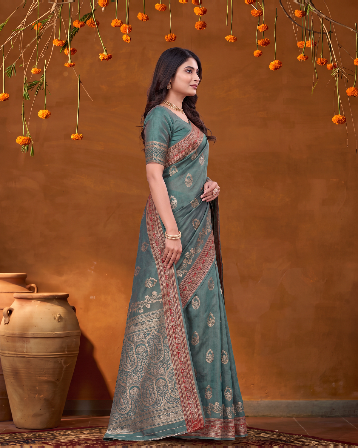 Rupali Leaf Butti Zari Silk Saree with Floral Pallu - Green - side