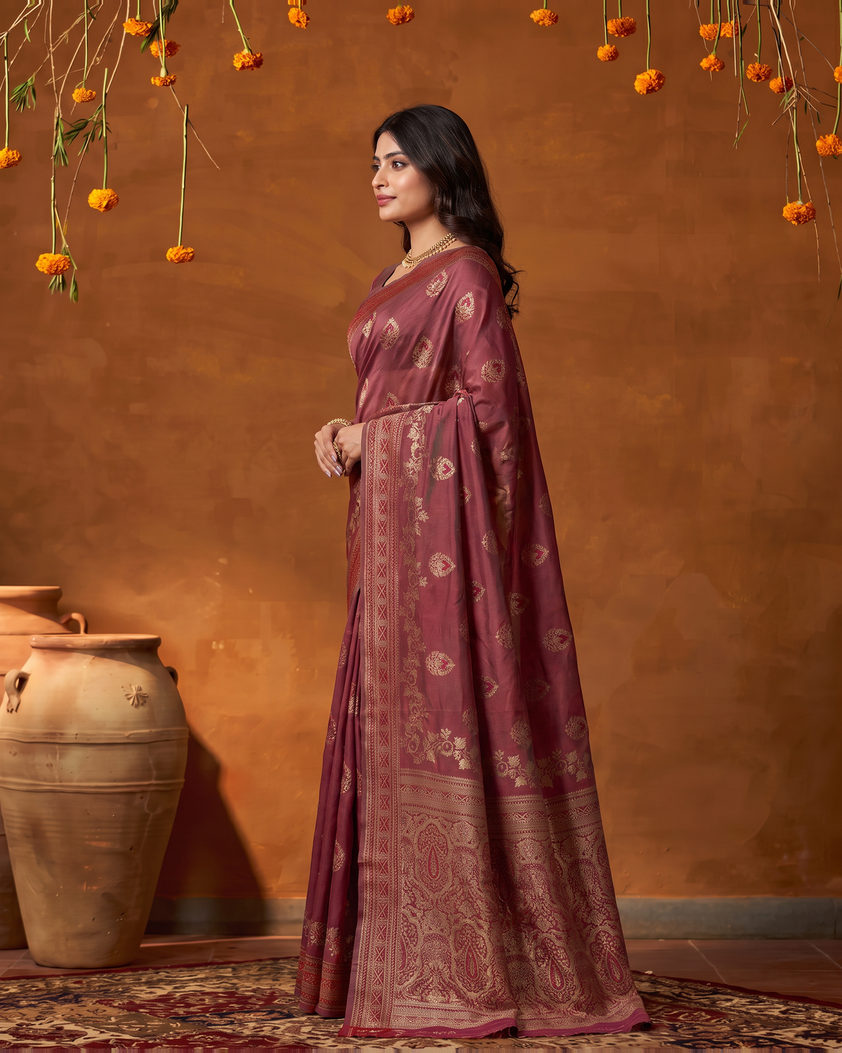Rupali Leaf Butti Zari Silk Saree with Floral Pallu - Maroon - side