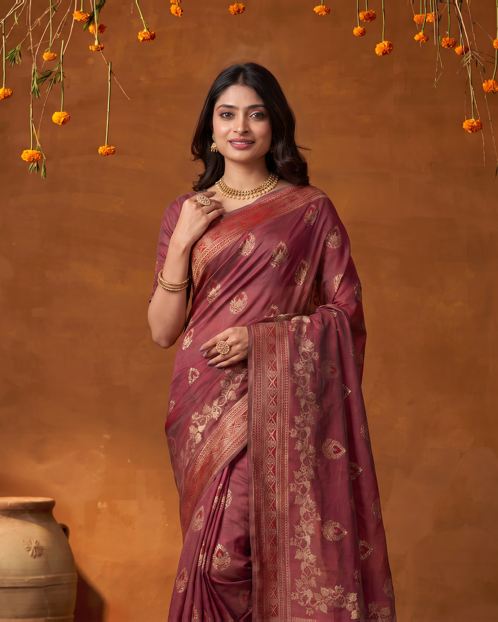 Rupali Leaf Butti Zari Silk Saree with Floral Pallu - Maroon - upper closeup