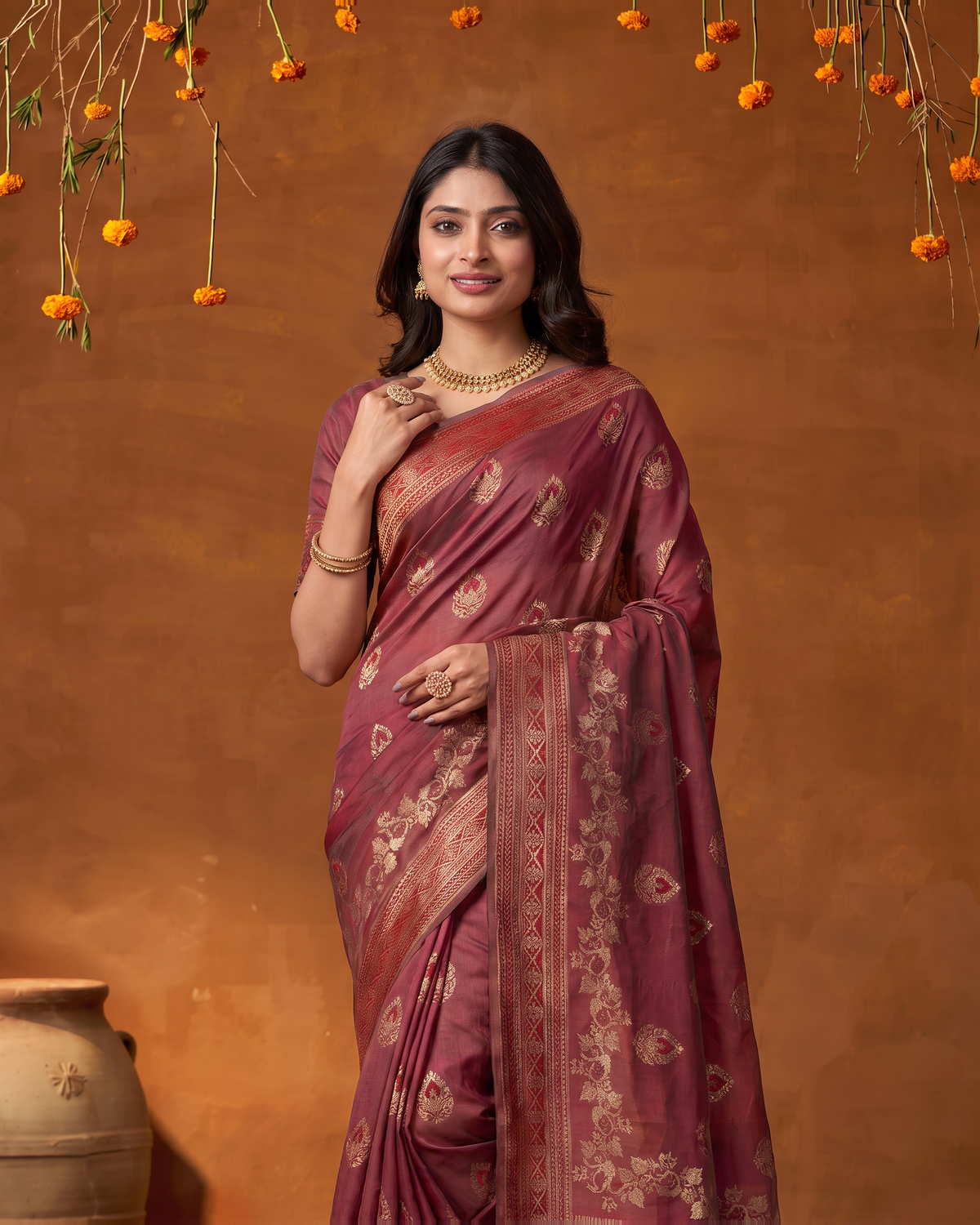 Rupali Leaf Butti Zari Silk Saree with Floral Pallu - Maroon - upper closeup