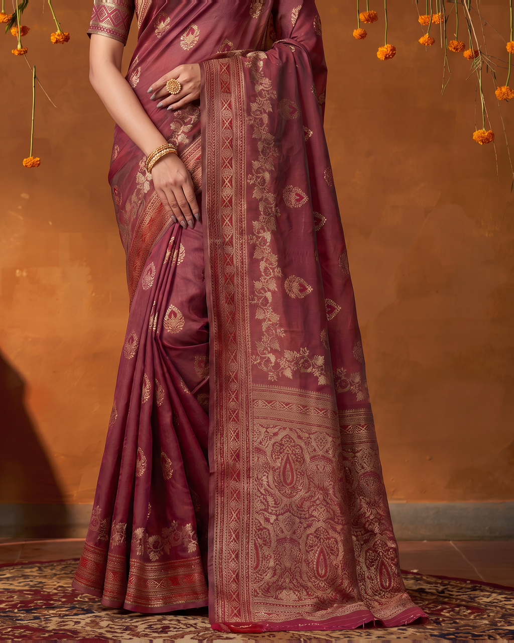 Rupali Leaf Butti Zari Silk Saree with Floral Pallu - Maroon - lower closeup