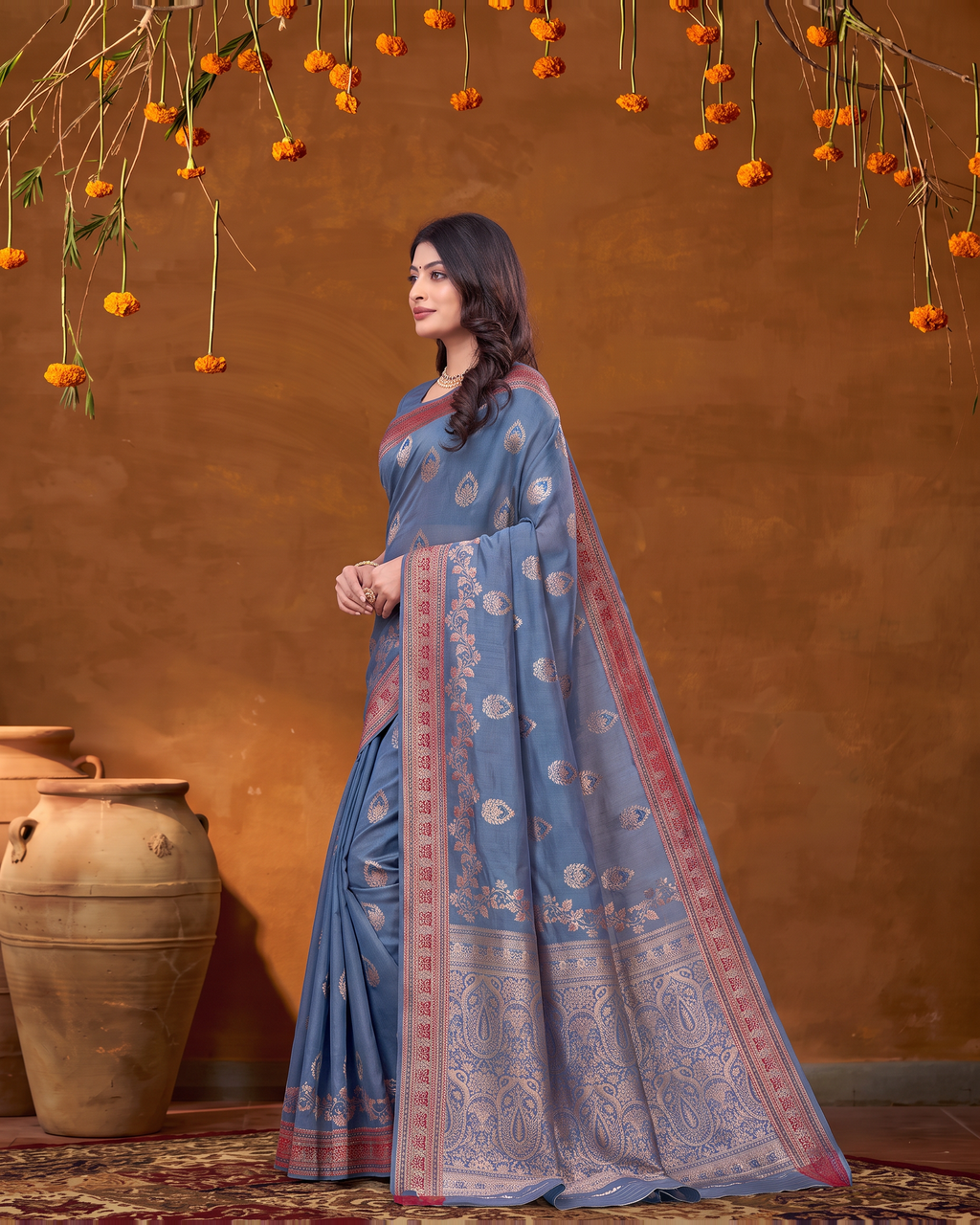 Rupali Leaf Butti Zari Silk Saree with Floral Pallu - Navy Blue - side