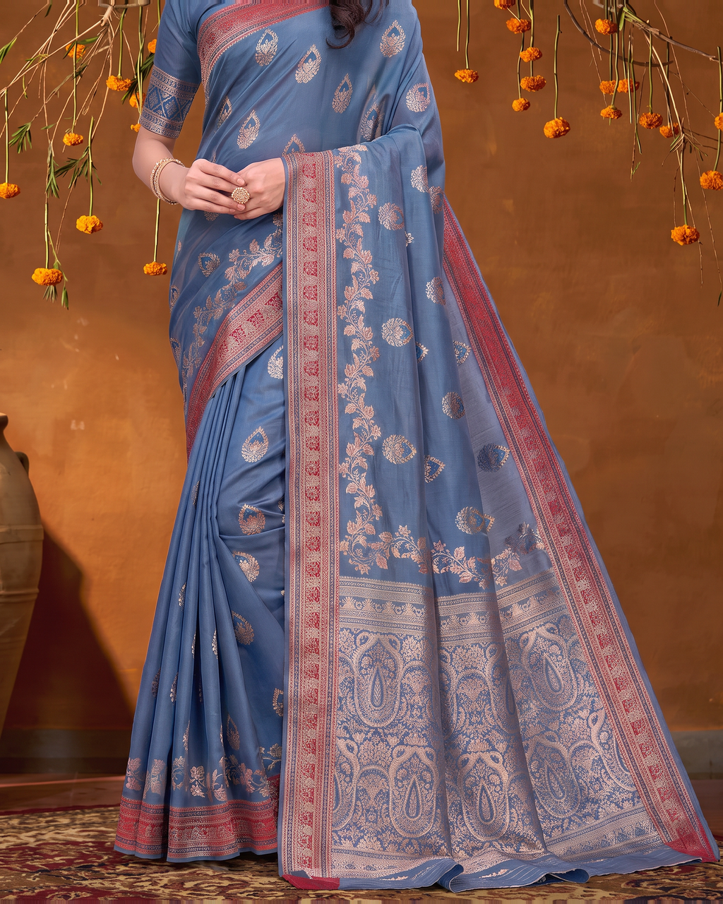 Rupali Leaf Butti Zari Silk Saree with Floral Pallu - Navy Blue - lower closeup