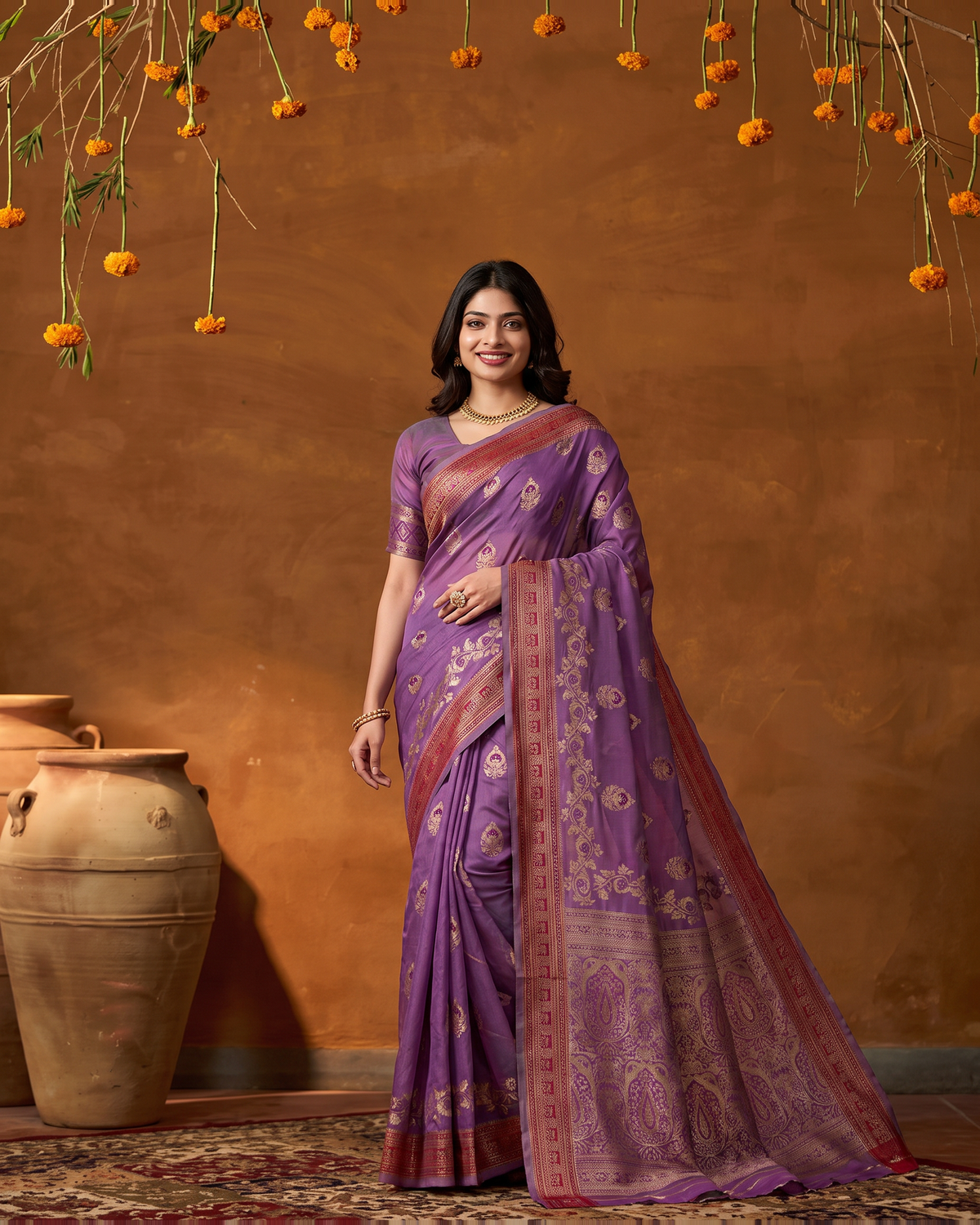 Rupali Leaf Butti Zari Silk Saree with Floral Pallu - Purple - full saree hero
