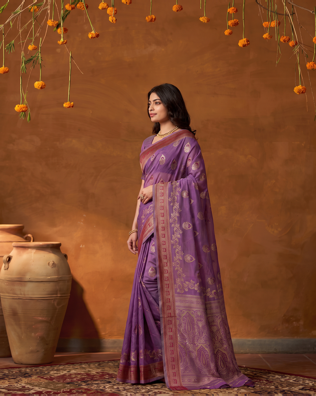 Rupali Leaf Butti Zari Silk Saree with Floral Pallu - Purple - side
