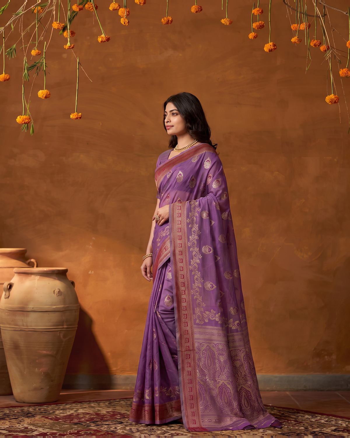 Rupali Leaf Butti Zari Silk Saree with Floral Pallu - Purple - side