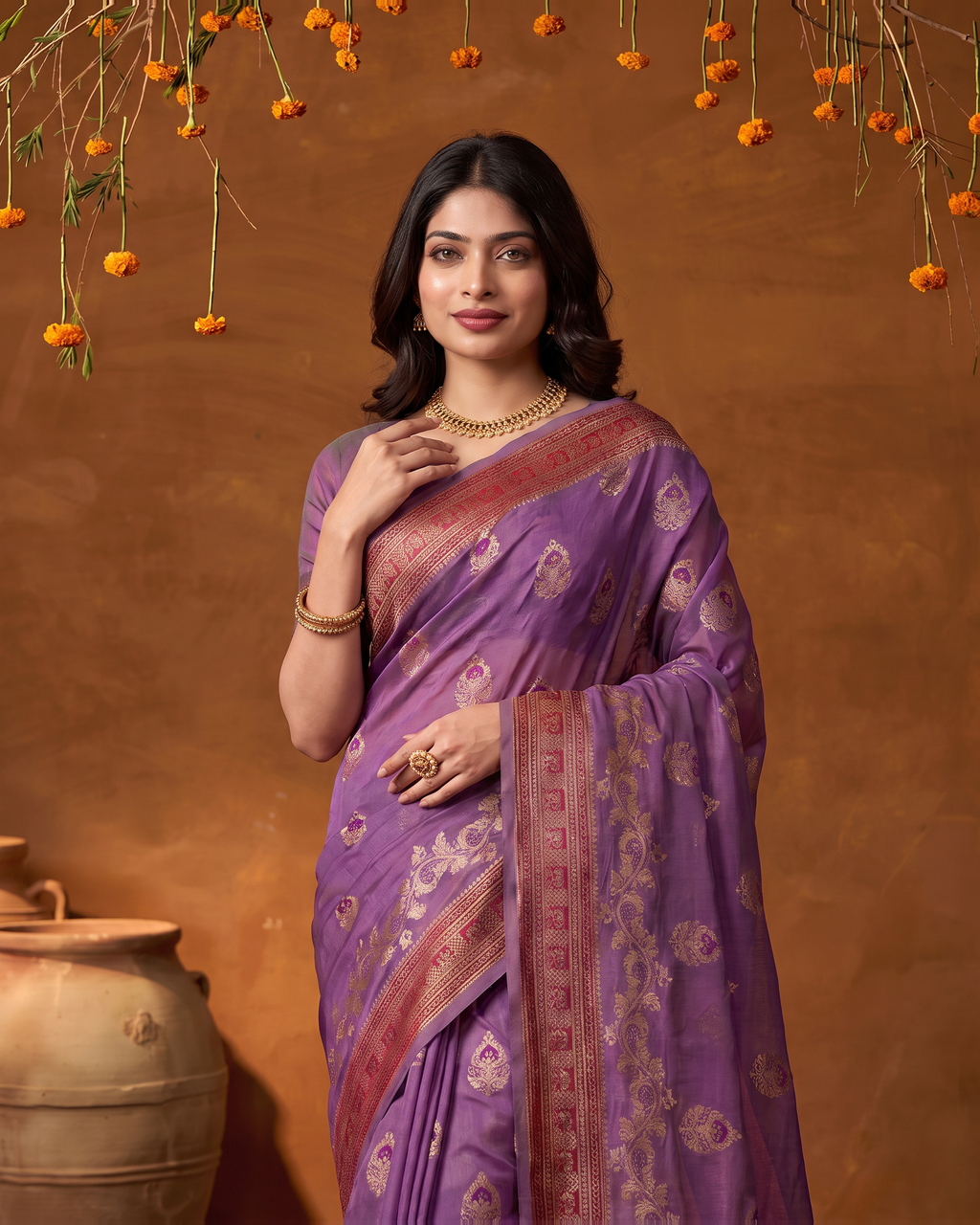 Rupali Leaf Butti Zari Silk Saree with Floral Pallu - Purple - upper closeup