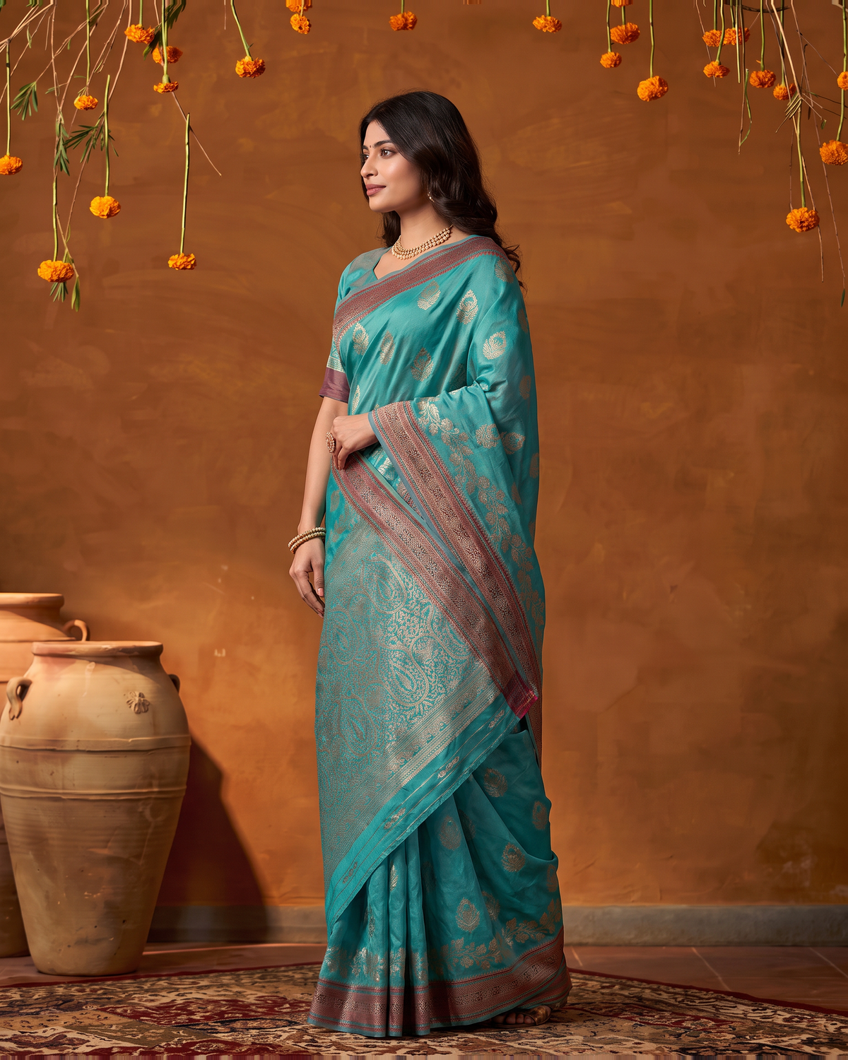 Rupali Leaf Butti Zari Silk Saree with Floral Pallu - Rama - side