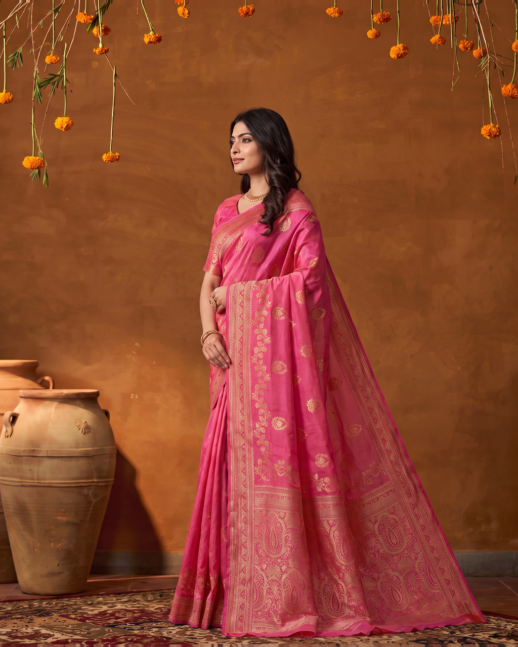 Rupali Leaf Butti Zari Silk Saree with Floral Pallu - Rani - side