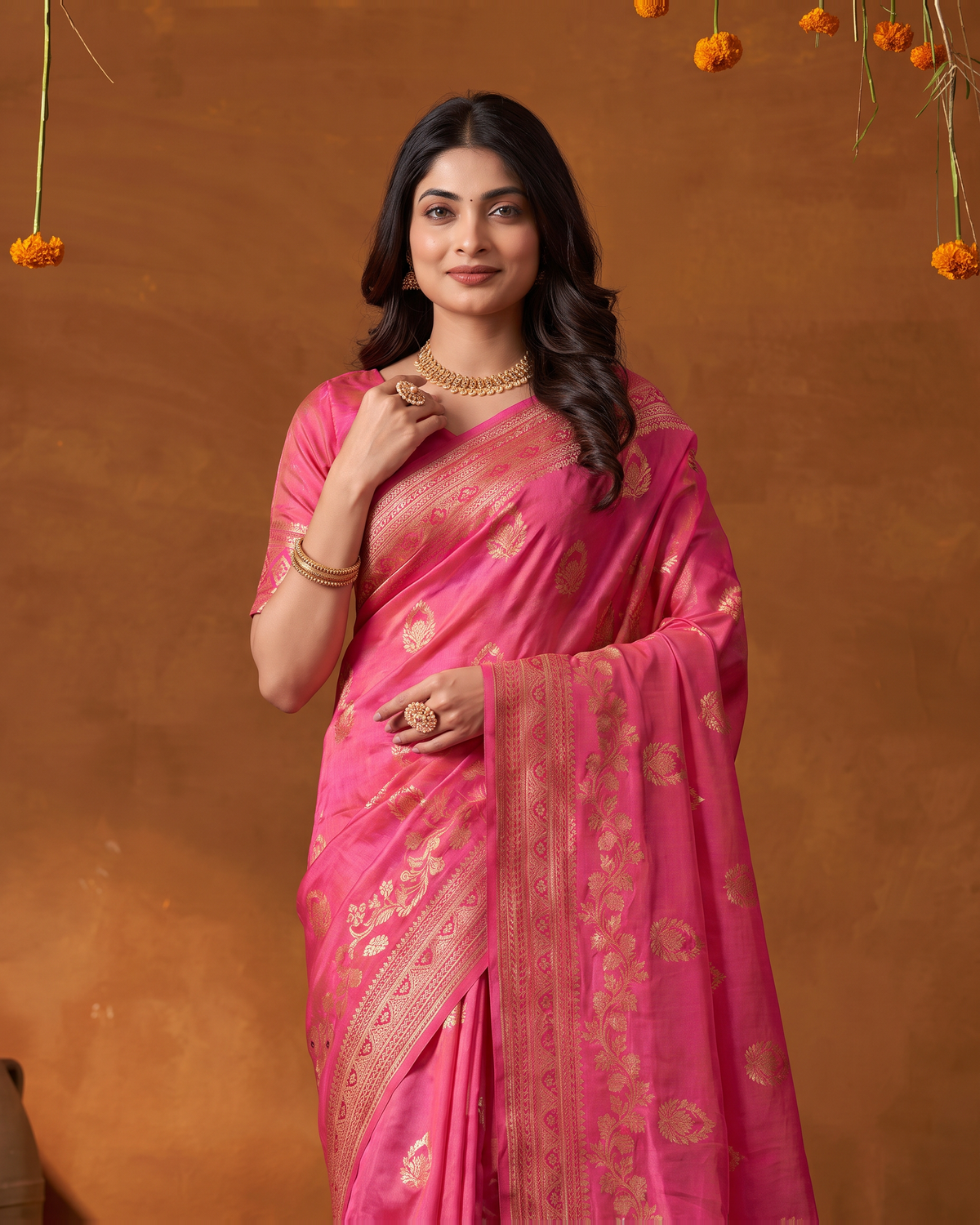 Rupali Leaf Butti Zari Silk Saree with Floral Pallu - Rani - upper closeup