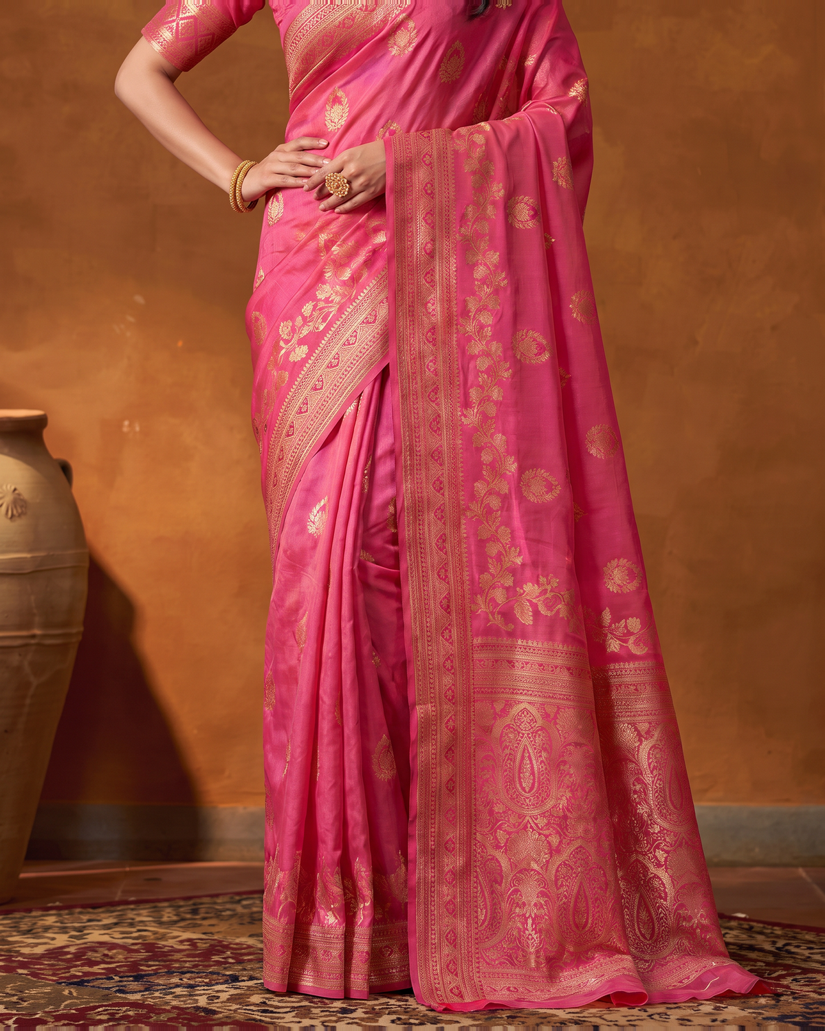 Rupali Leaf Butti Zari Silk Saree with Floral Pallu - Rani - lower closeup