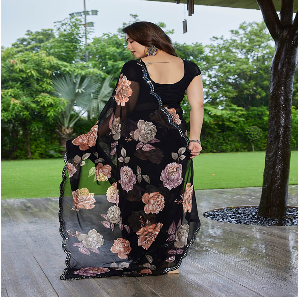 Elegant Black Floral Printed Georgette Saree with Designer Border – Party Wear & Casual Wear