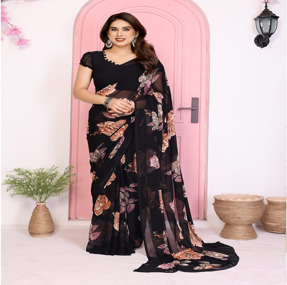 Elegant Black Floral Printed Chiffon Saree with Flower Design – Stylish Party & Casual Wear