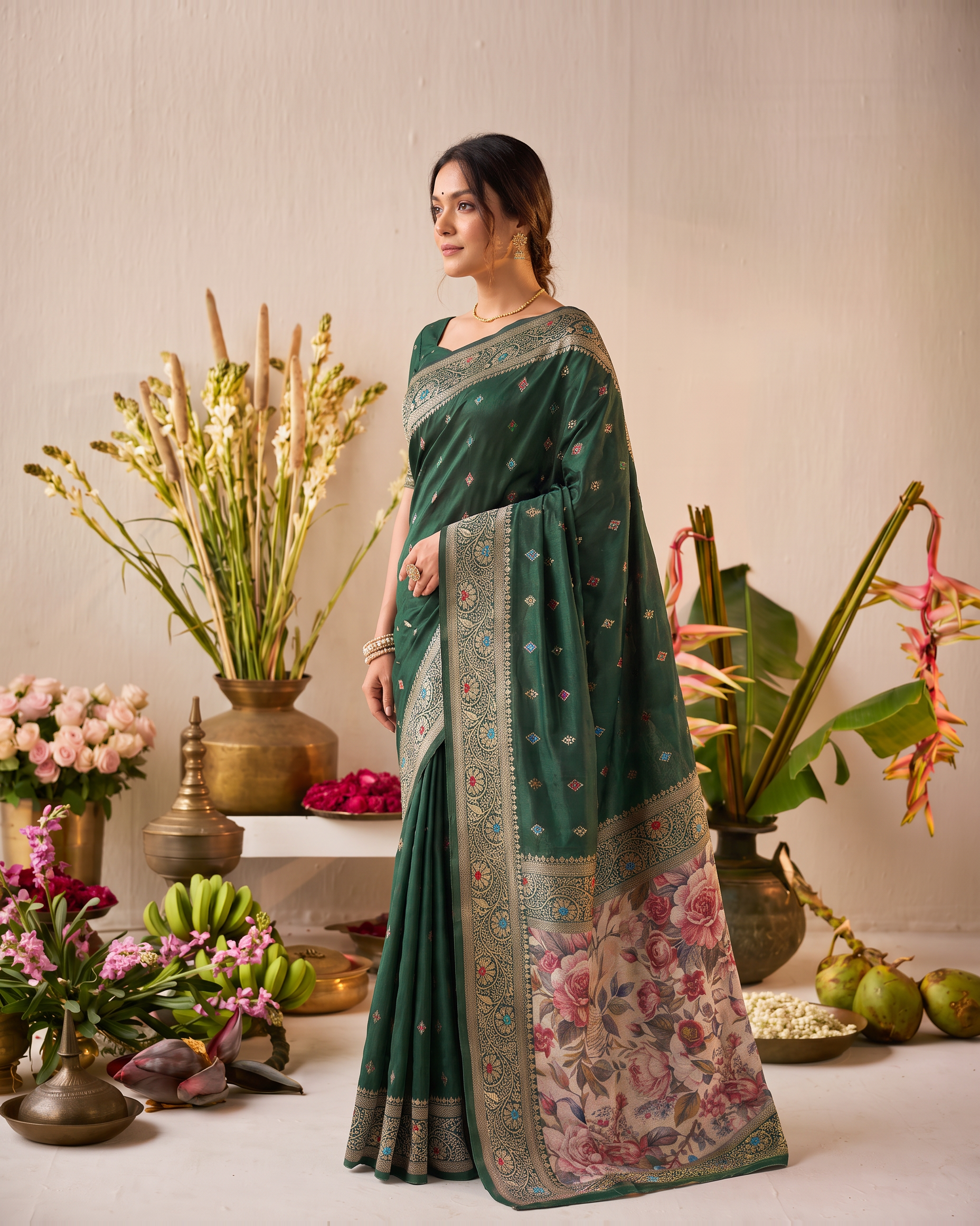 Saanvi 3D Pallu Festive Saree with Artistic Floral Finish - Green Floral - side