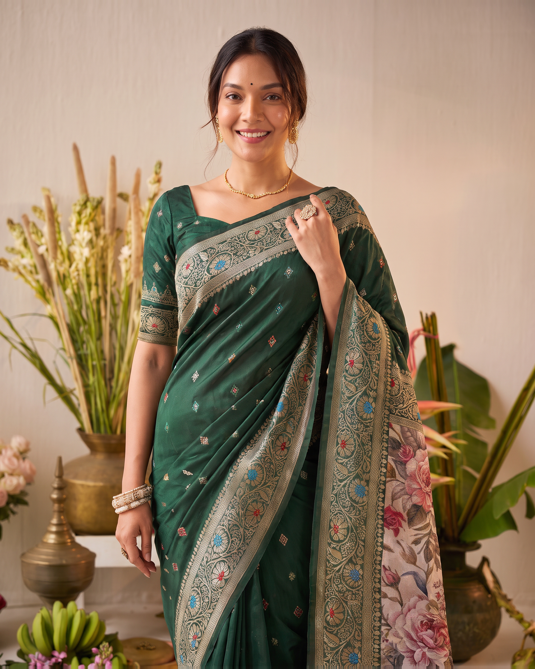 Saanvi 3D Pallu Festive Saree with Artistic Floral Finish - Green Floral - upper closeup