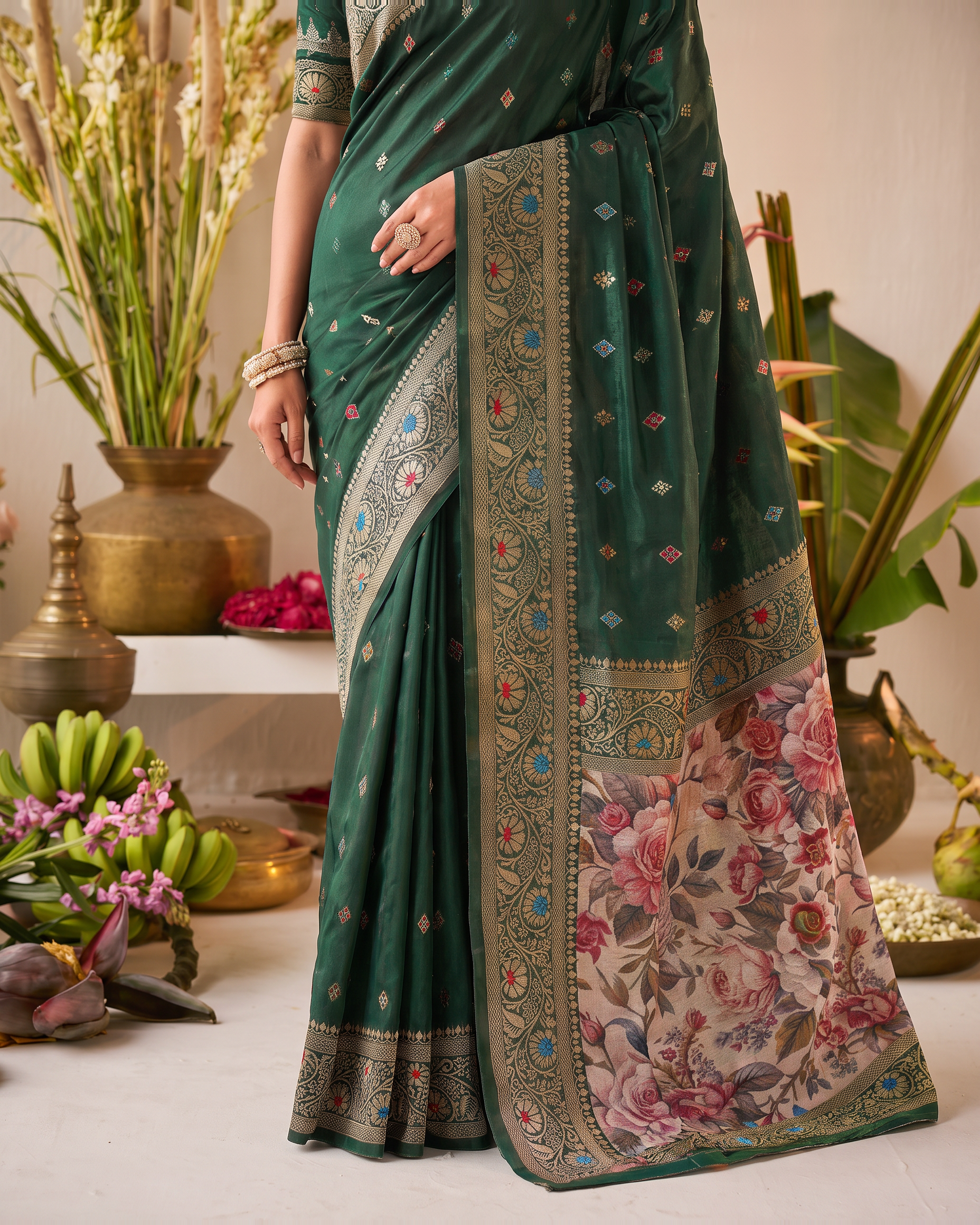 Saanvi 3D Pallu Festive Saree with Artistic Floral Finish - Green Floral - lower closeup