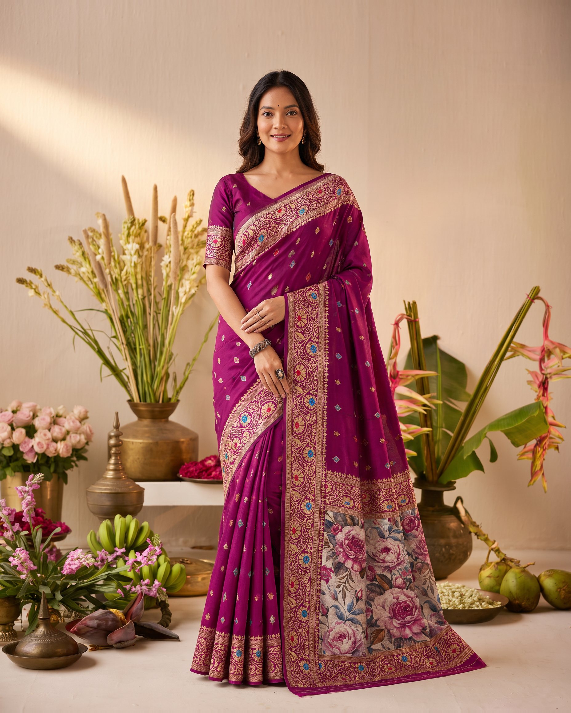 Saanvi 3D Pallu Festive Saree with Artistic Floral Finish - Pink Floral - full saree hero