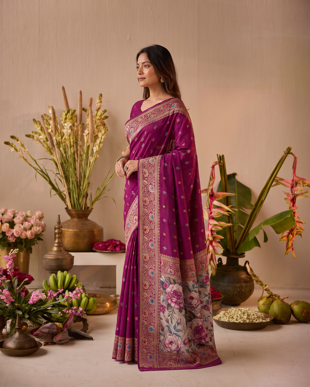 Saanvi 3D Pallu Festive Saree with Artistic Floral Finish - Pink Floral - side
