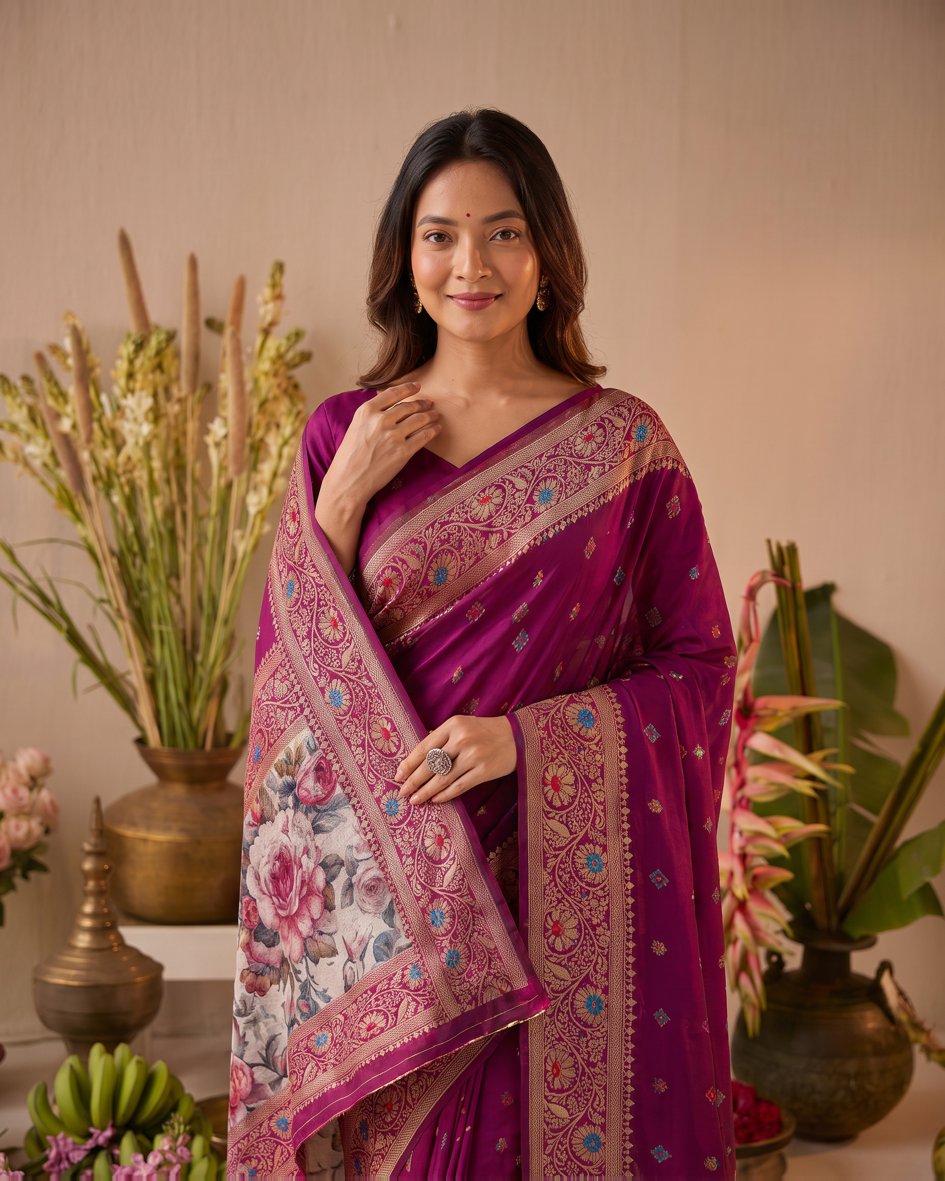 Saanvi 3D Pallu Festive Saree with Artistic Floral Finish - Pink Floral - upper closeup
