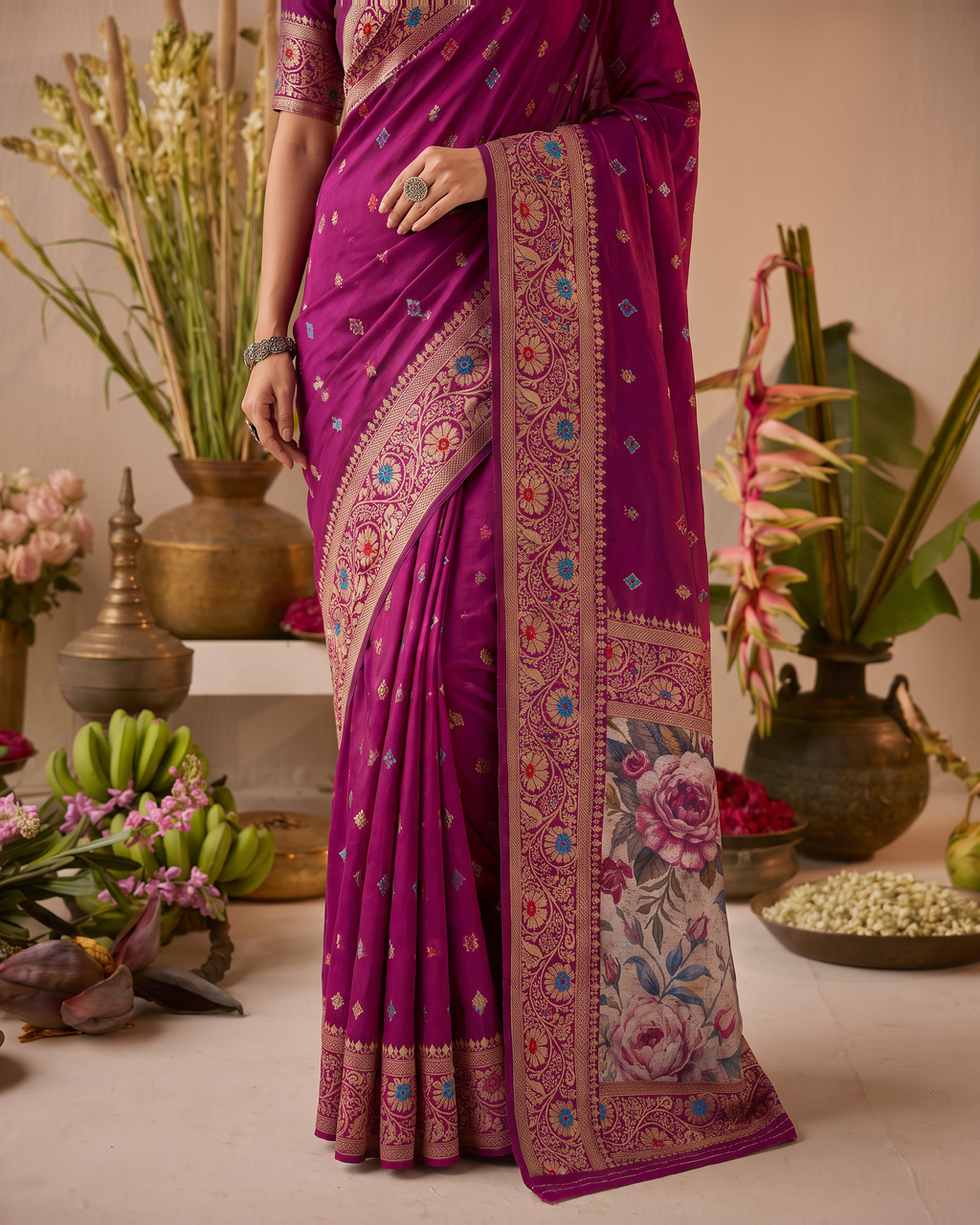 Saanvi 3D Pallu Festive Saree with Artistic Floral Finish - Pink Floral - lower closeup