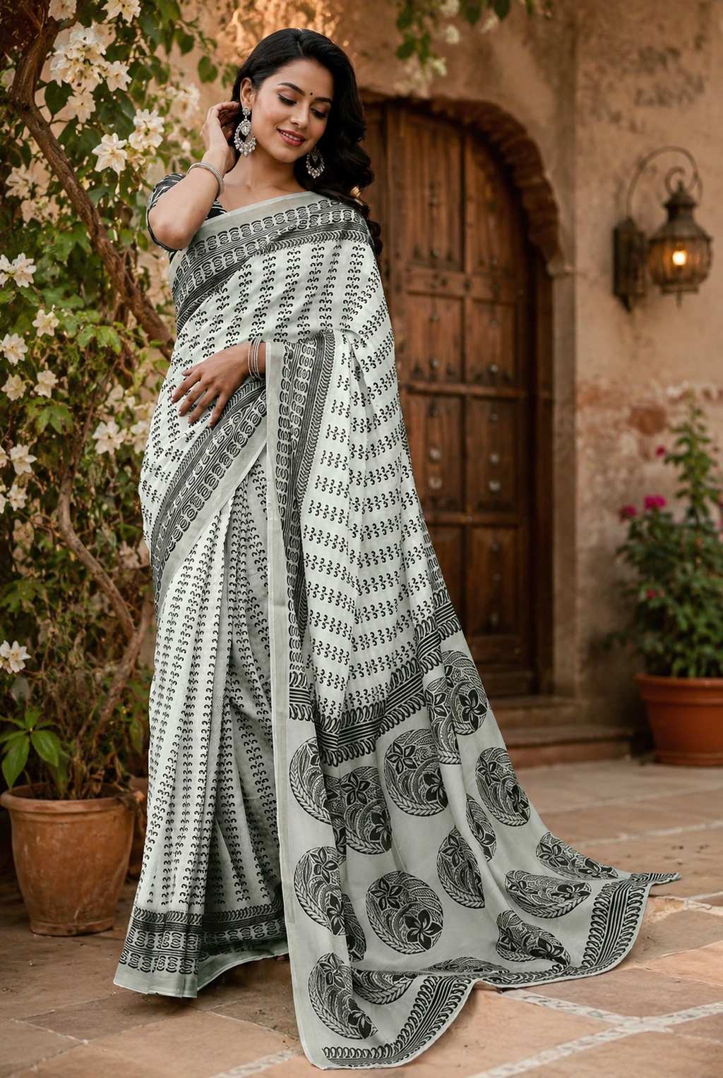 Sage Green Printed Chanderi Cotton Ready To Wear Saree - full saree