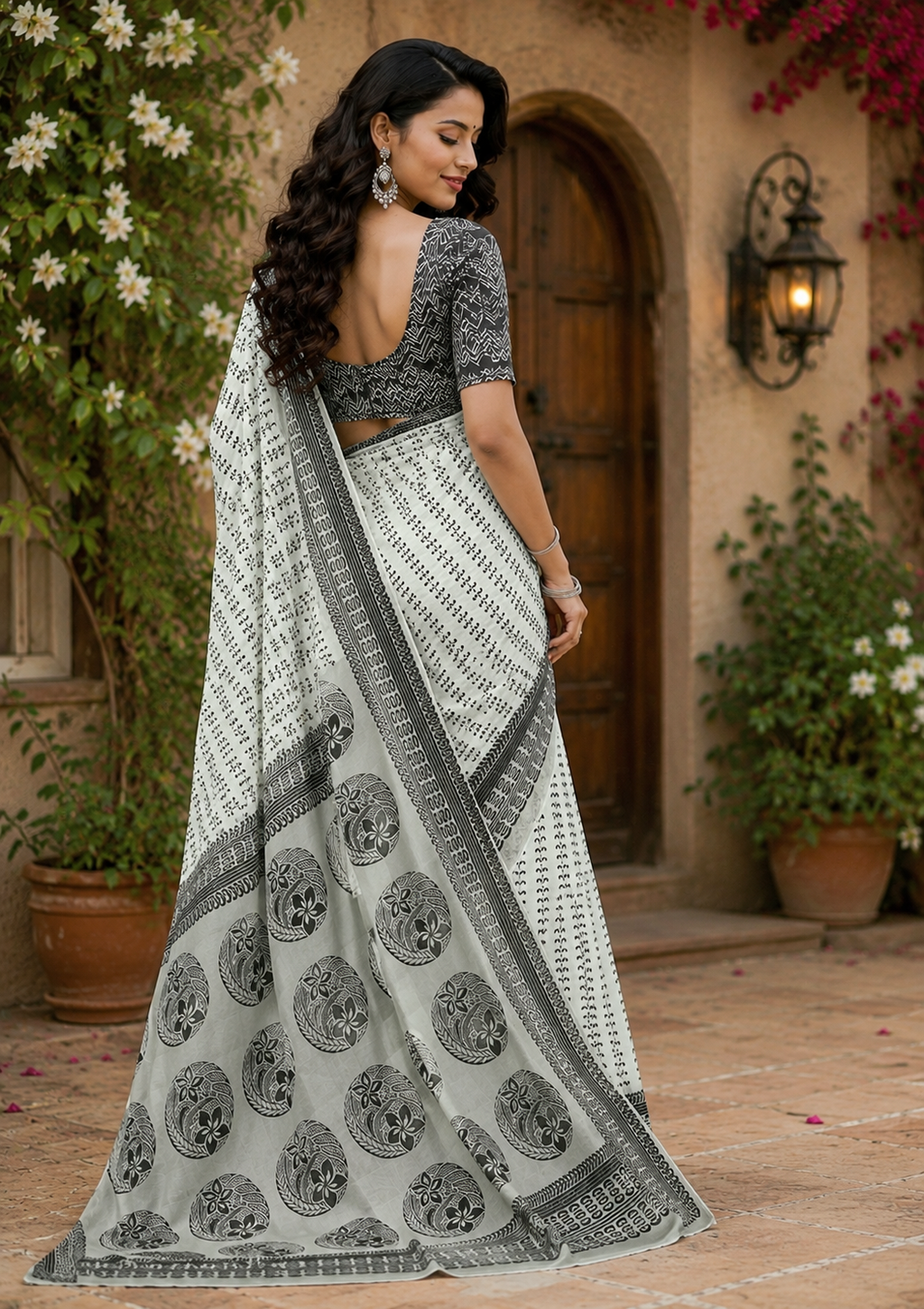 Sage Green Printed Chanderi Cotton Ready To Wear Saree - image 3
