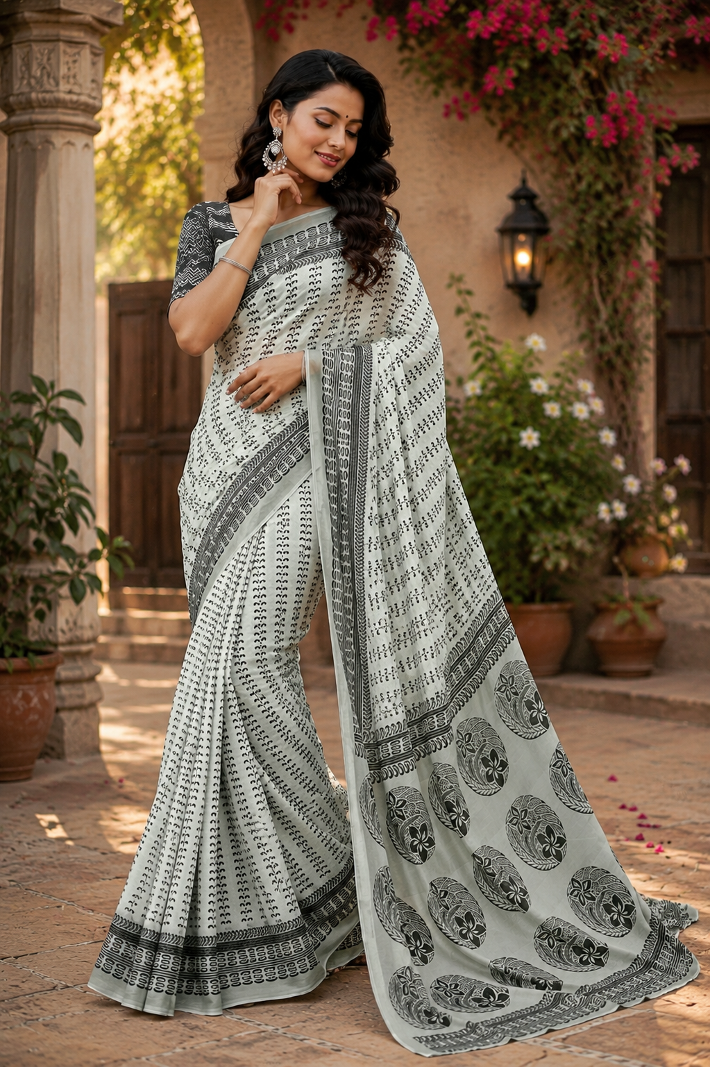 Sage Green Printed Chanderi Cotton Ready To Wear Saree - image 4