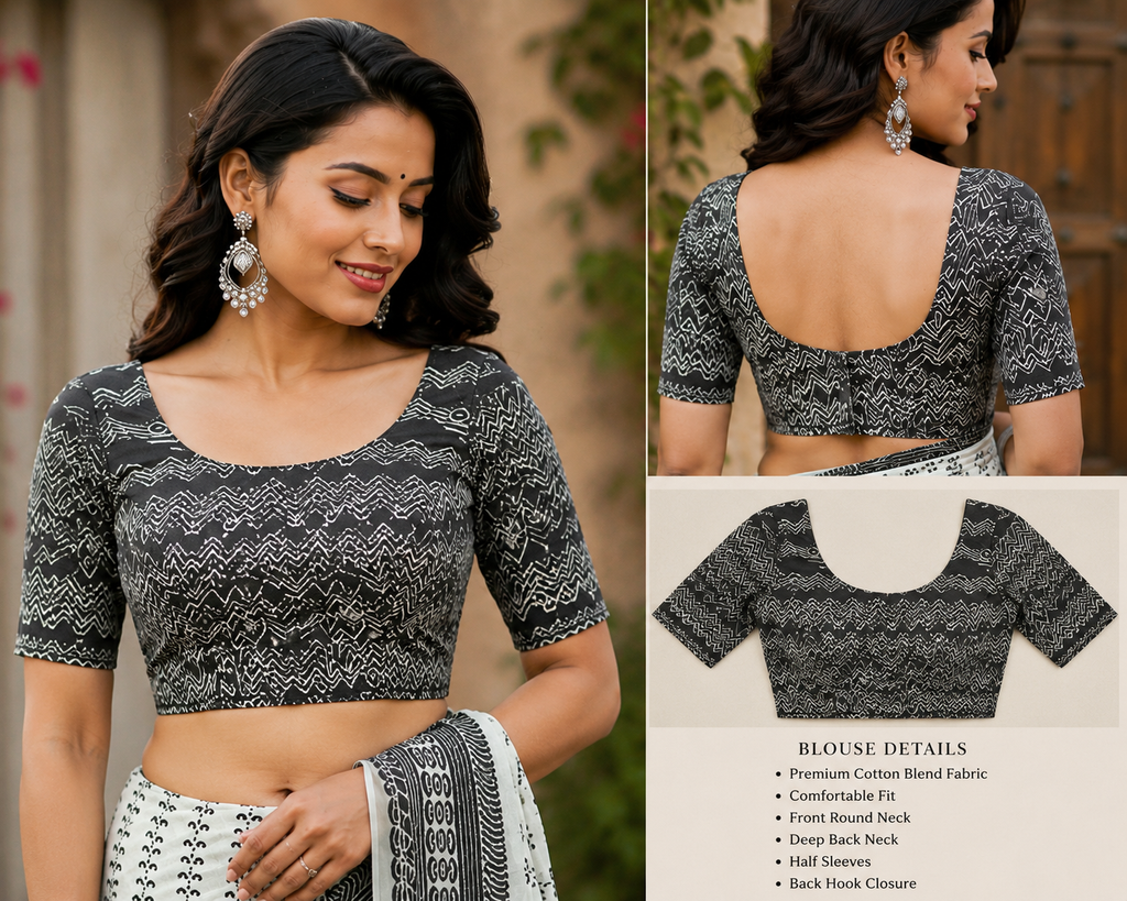 Sage Green Printed Chanderi Cotton Ready To Wear Saree - blouse detail
